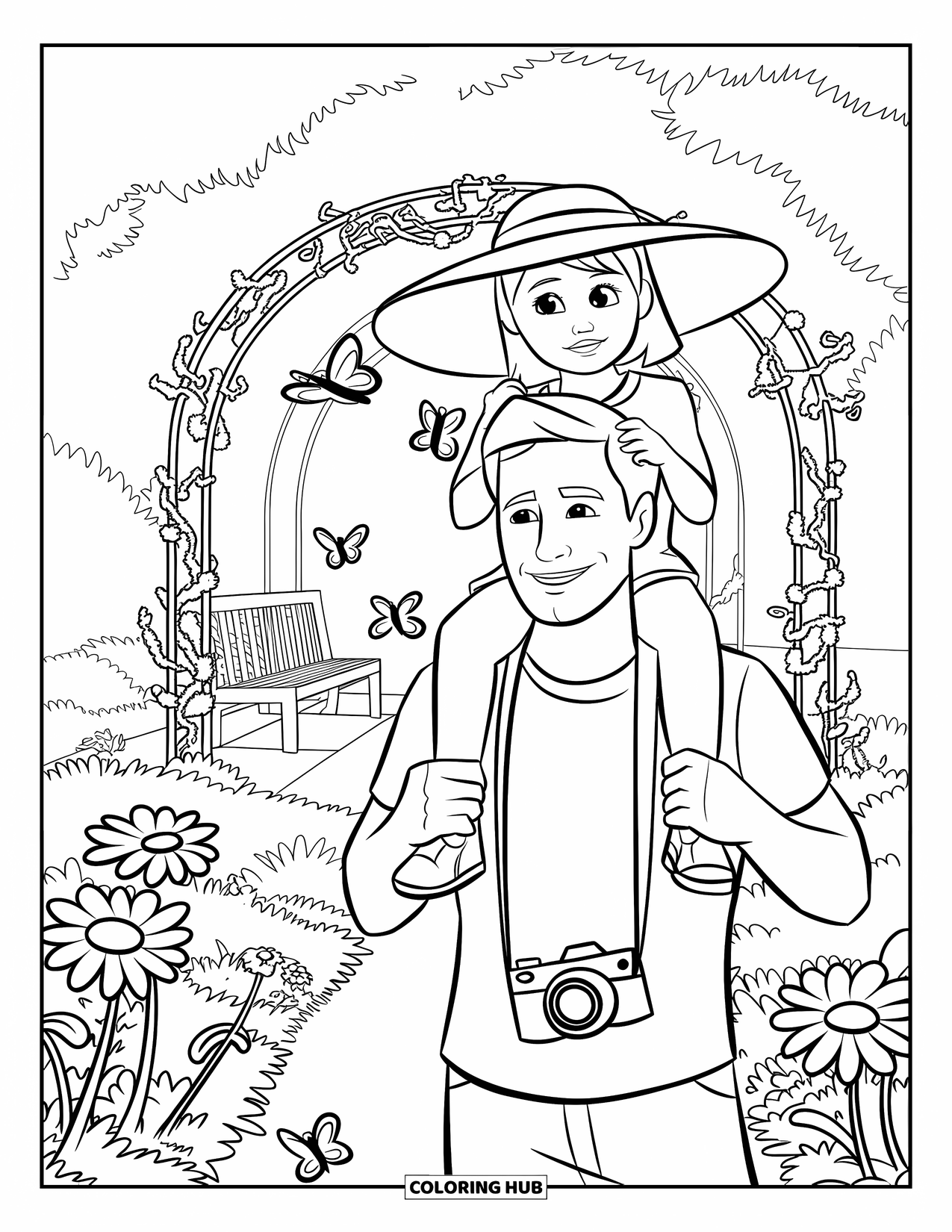 Dad And Daughter Coloring Page for Kids: They explore a magical garden path filled with daisies and butterflies