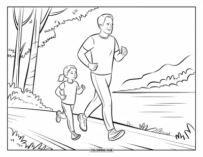 Tegning af far og datter til børn: De jogger side om side ad en naturskøn sti med bjerge og vand i nærheden