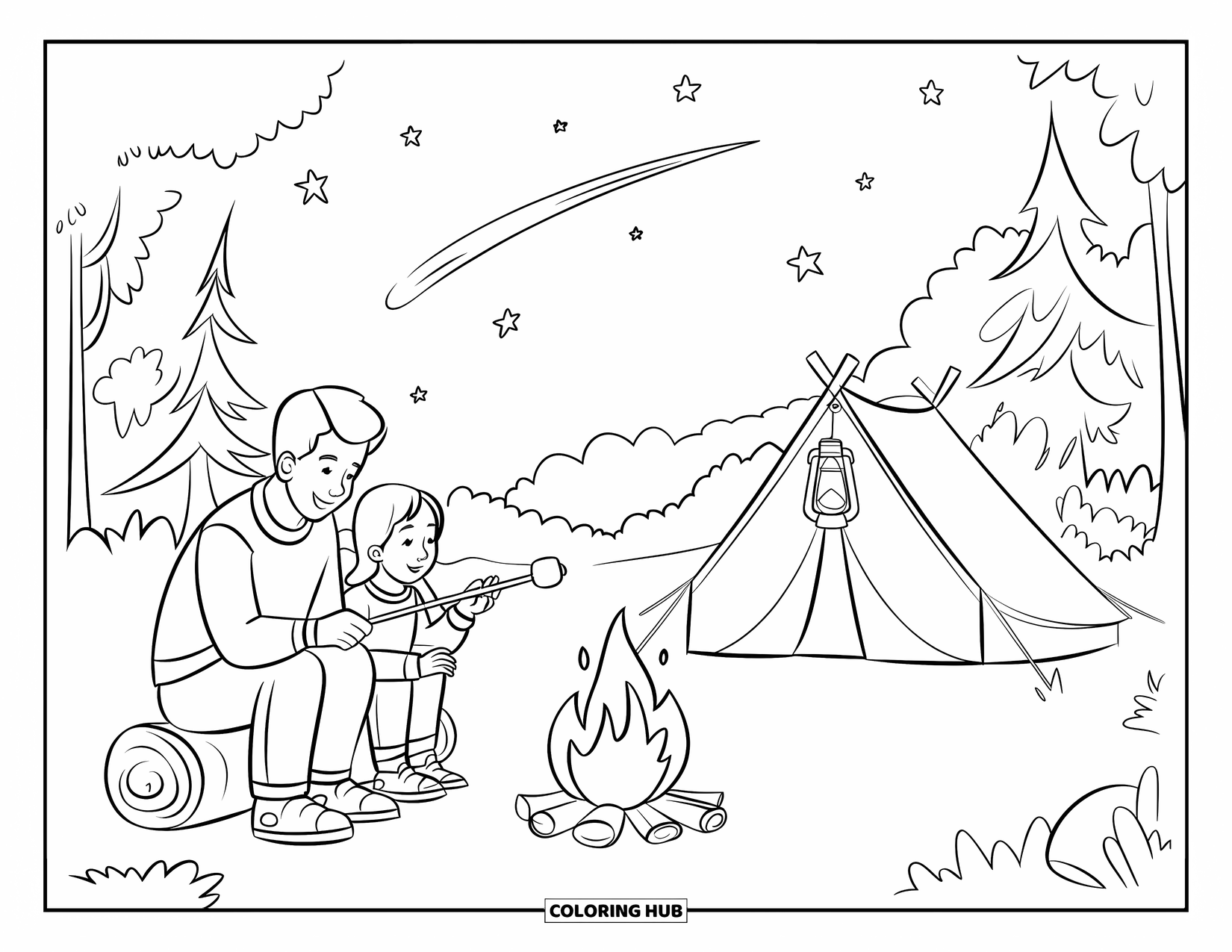 Dad And Daughter Coloring Page for Kids: They sit by a campfire roasting marshmallows under a starry night sky