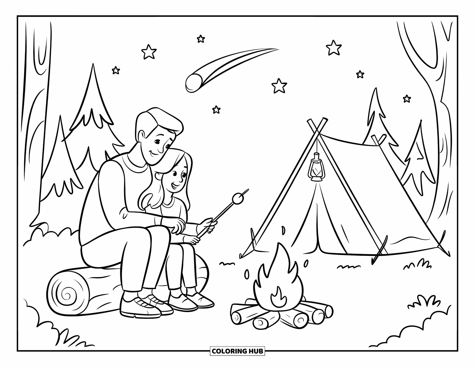 Dad And Daughter Coloring Page for Kids: They sit close by the fire, surrounded by stars and a cozy tent