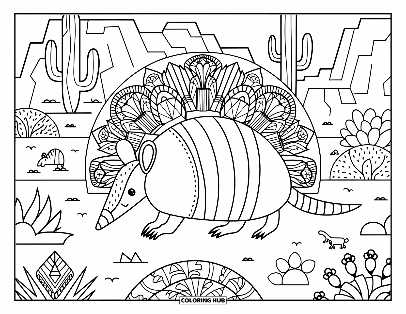 Desert Animals Coloring Page for Adults: A curious armadillo lounges with cacti, rocks, and small animals nearby