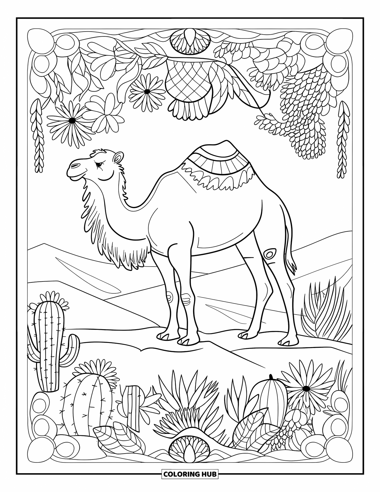 Desert Animals Coloring Page for Adults: A sturdy camel carries a load through a blooming desert mandala scene