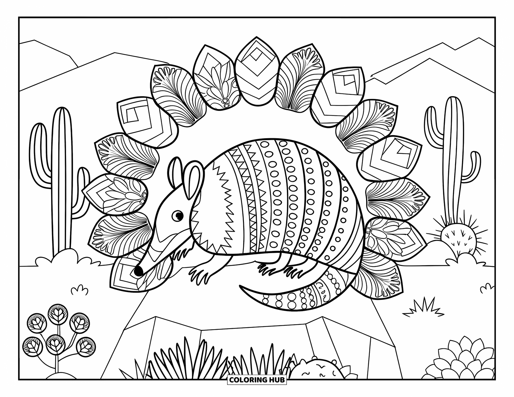 Desert Animals Coloring Page for Adults: Armadillo sits on a rock surrounded by succulents in a peaceful desert scene