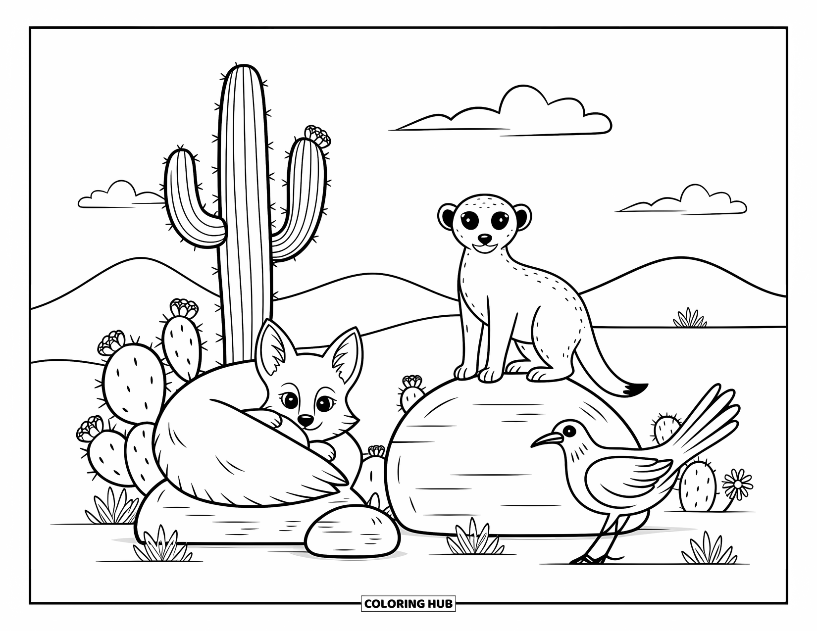 Desert Animals Coloring Page for Adults: Fennec fox by saguaro with meerkat, roadrunner, blooming cacti, and soft dunes