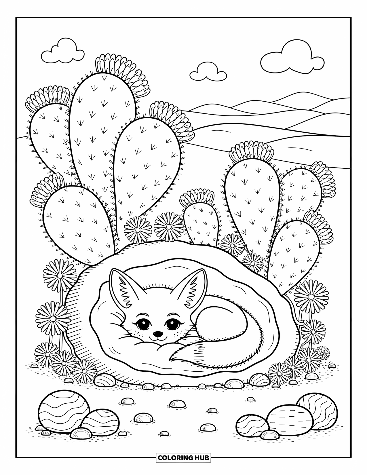 Desert Animals Coloring Page for Adults: Fennec fox curled in sandy hollow with flowering cacti, daisies, and desert rocks