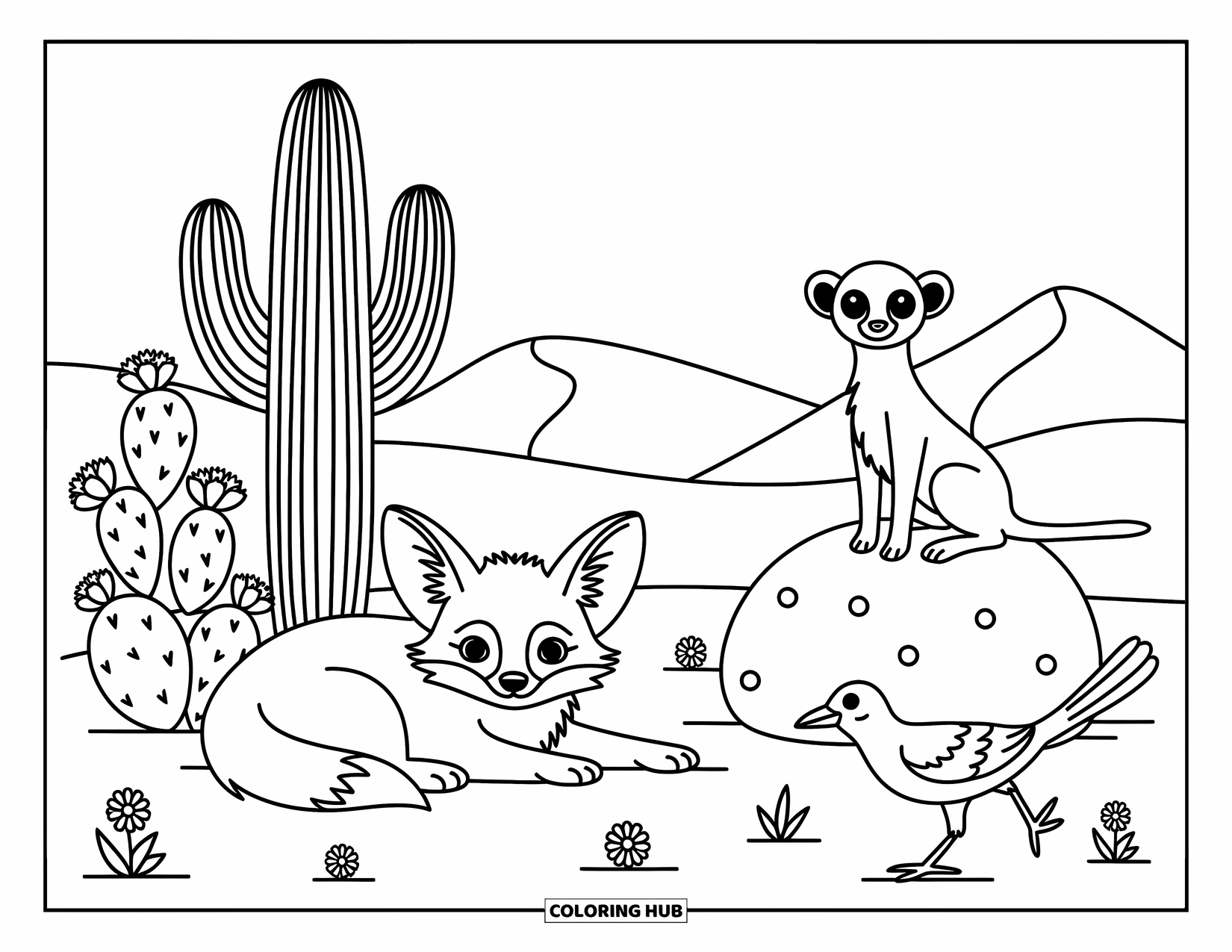 Desert Animals Coloring Page for Adults: Fennec fox with meerkat, roadrunner, blooming cacti, and warm desert dunes