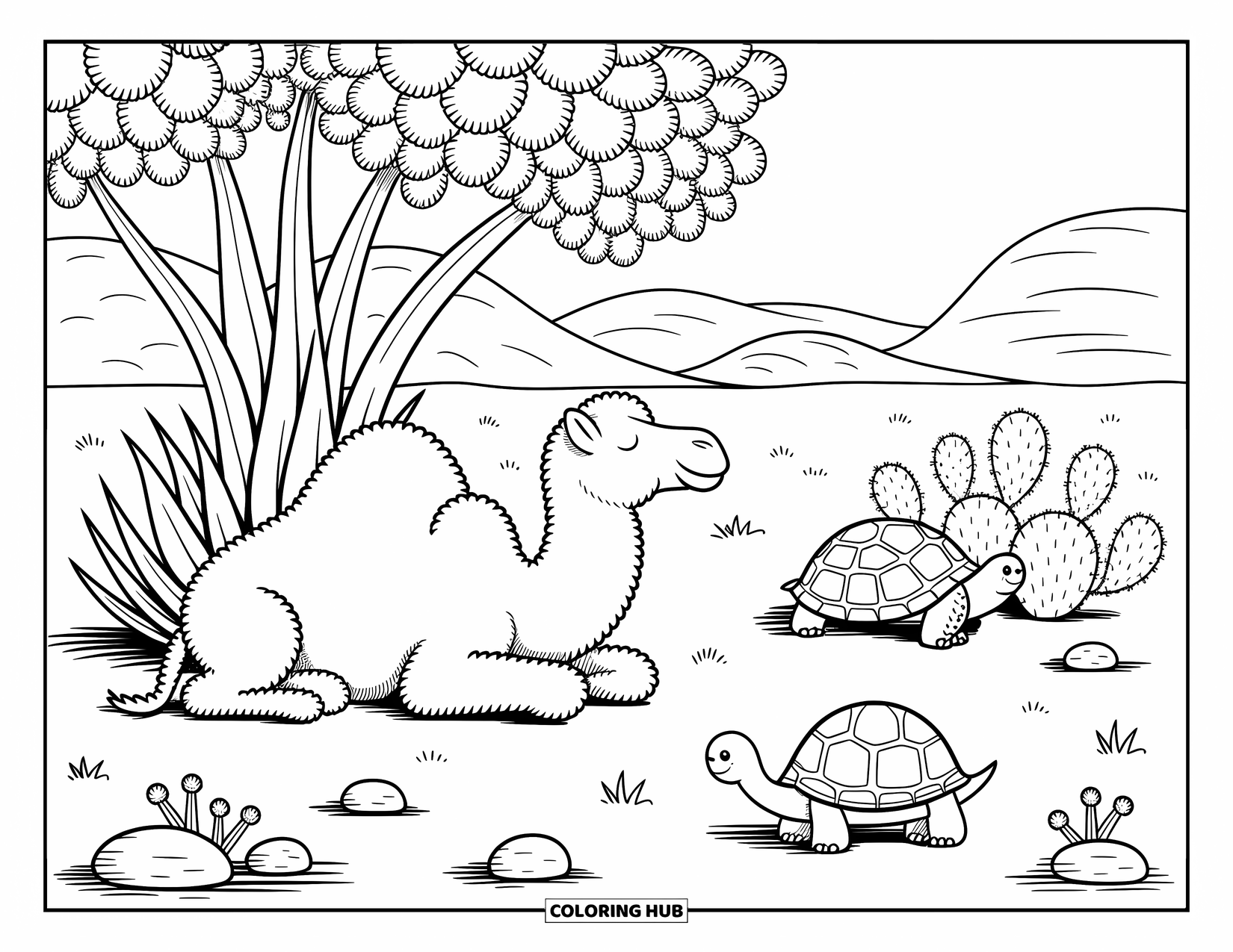 Desert Animals Coloring Page for Adults: Fluffy camel under agave shade with tortoise, Gila monster, and desert flowers
