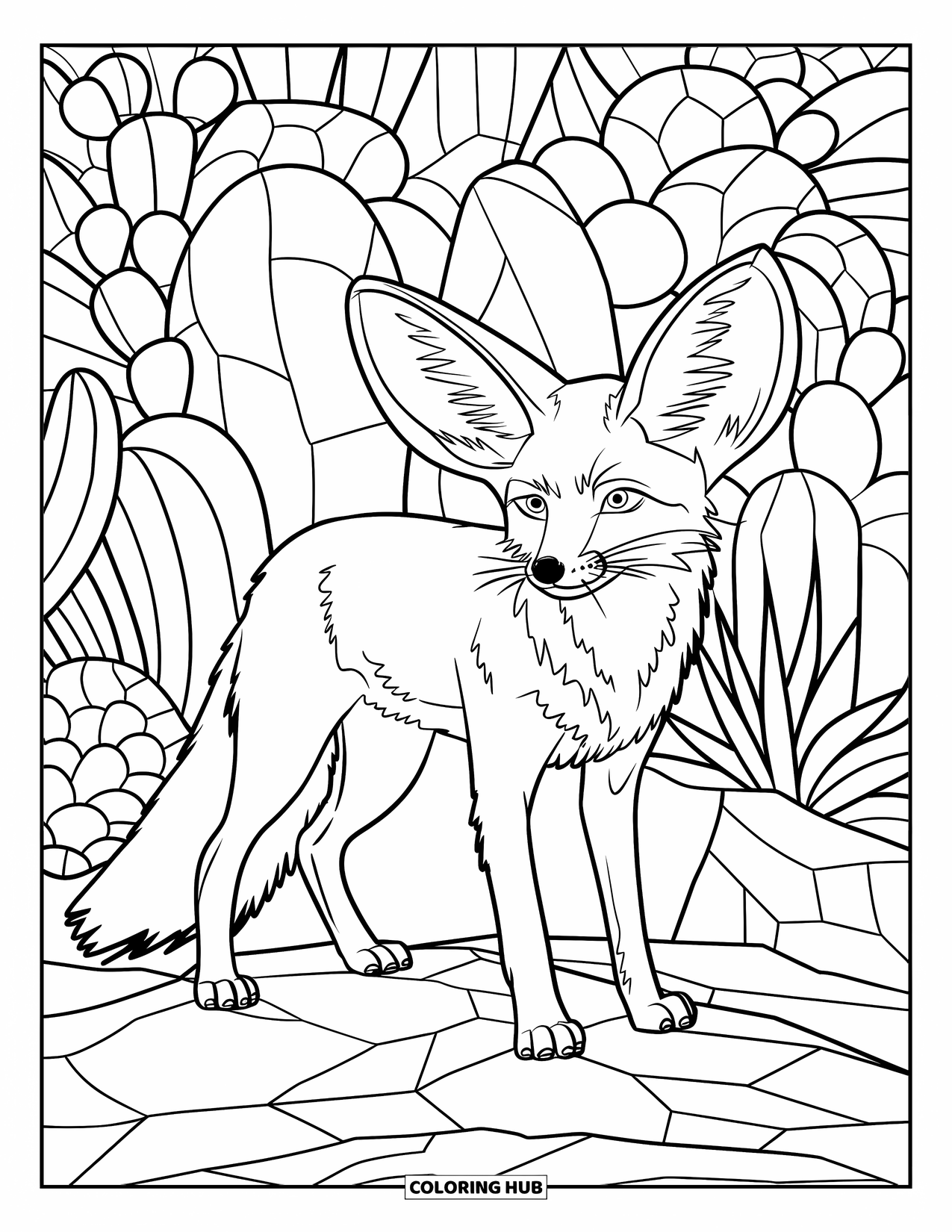 Desert Animals Coloring Page for Adults: Fox stands on rocks with big ears and desert plants all around