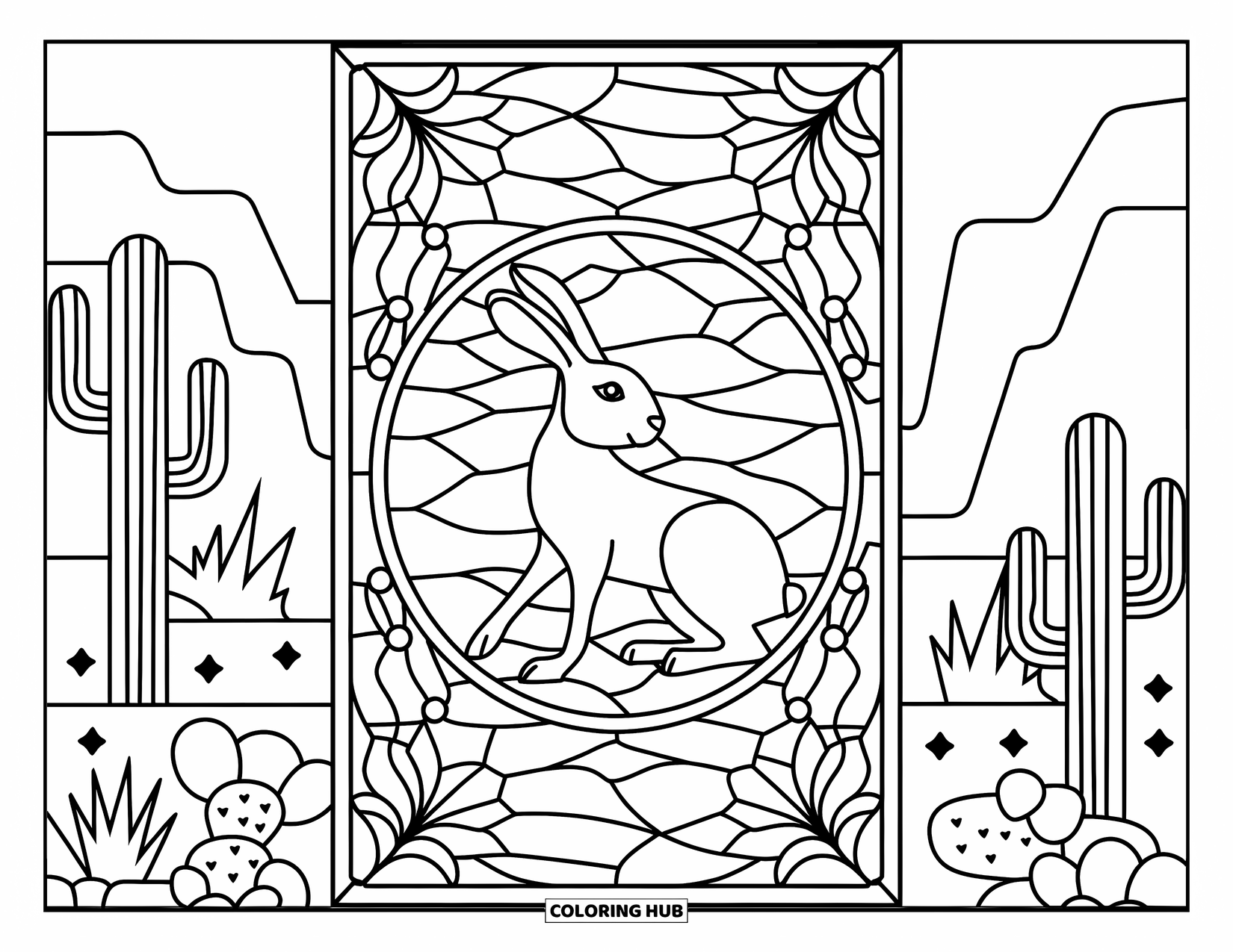 Desert Animals Coloring Page for Adults: Jackrabbit rests in a wavy stained-glass frame surrounded by cactus and rock shapes