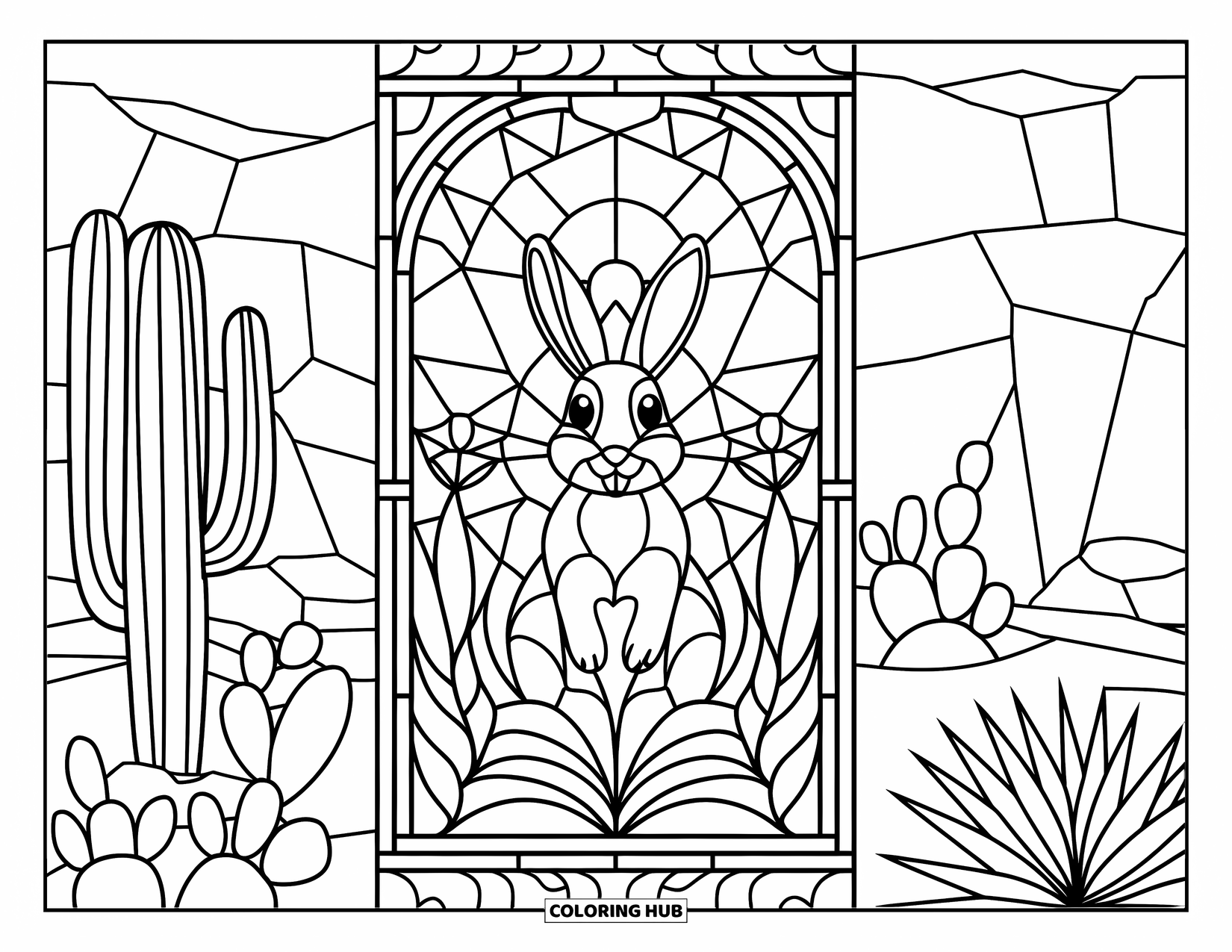 Desert Animals Coloring Page for Adults: Jackrabbit sits in a stained-glass panel filled with desert plants and cacti