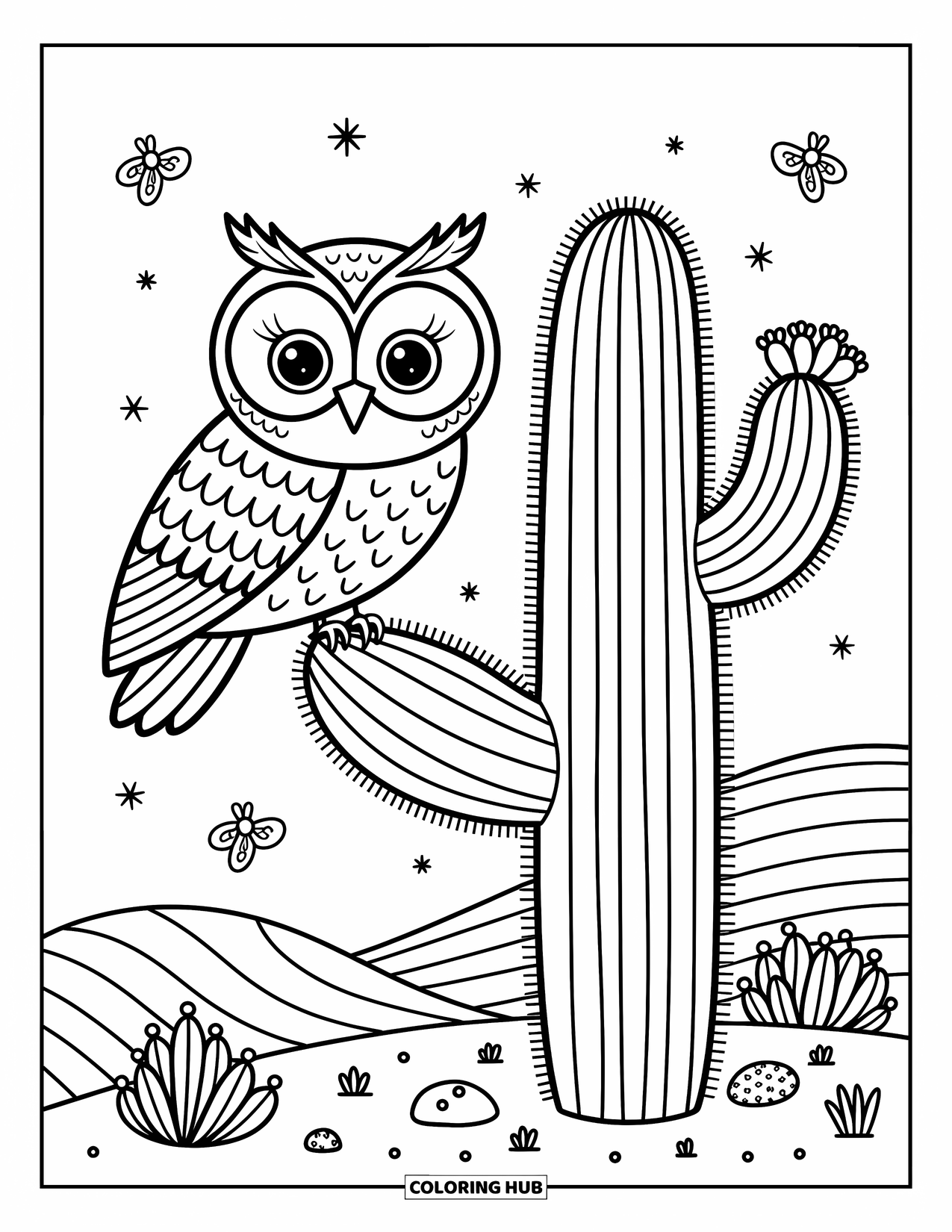 Desert Animals Coloring Page for Adults: Owl perched on saguaro with flowers, moths, rocks, and tiny succulents