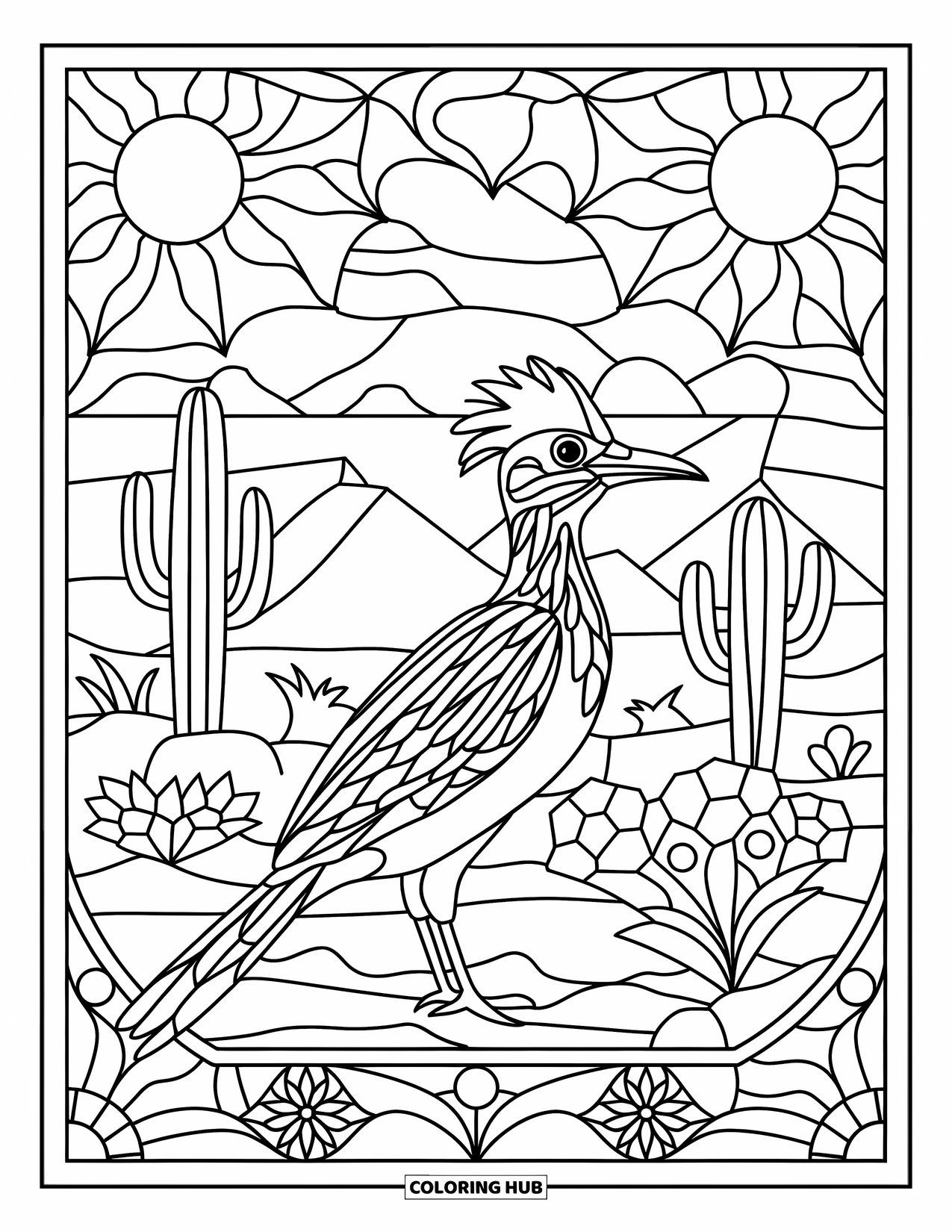 Desert Animals Coloring Page for Adults: Roadrunner moves through a detailed landscape of cacti, mountains, and desert blooms