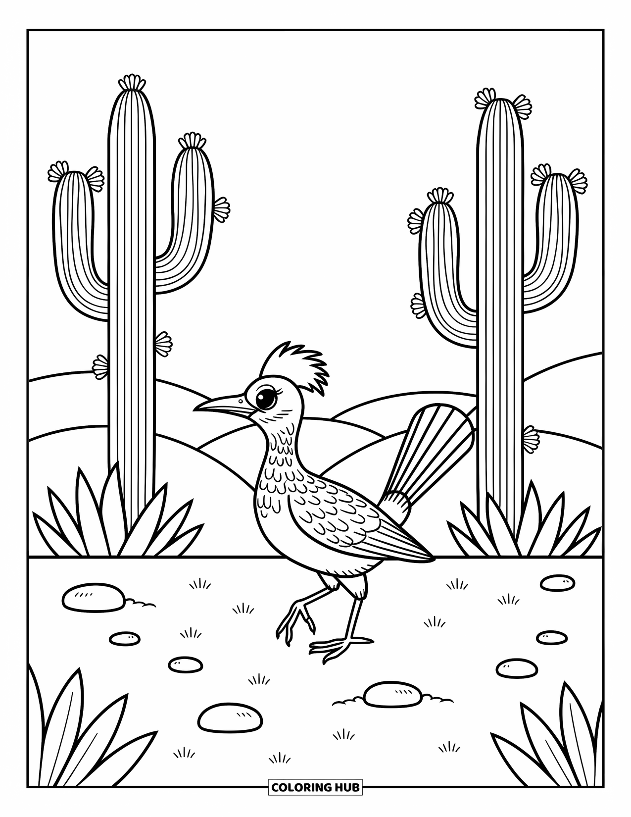 Desert Animals Coloring Page for Adults: Roadrunner on sandy path with blooming cacti and soft desert dunes