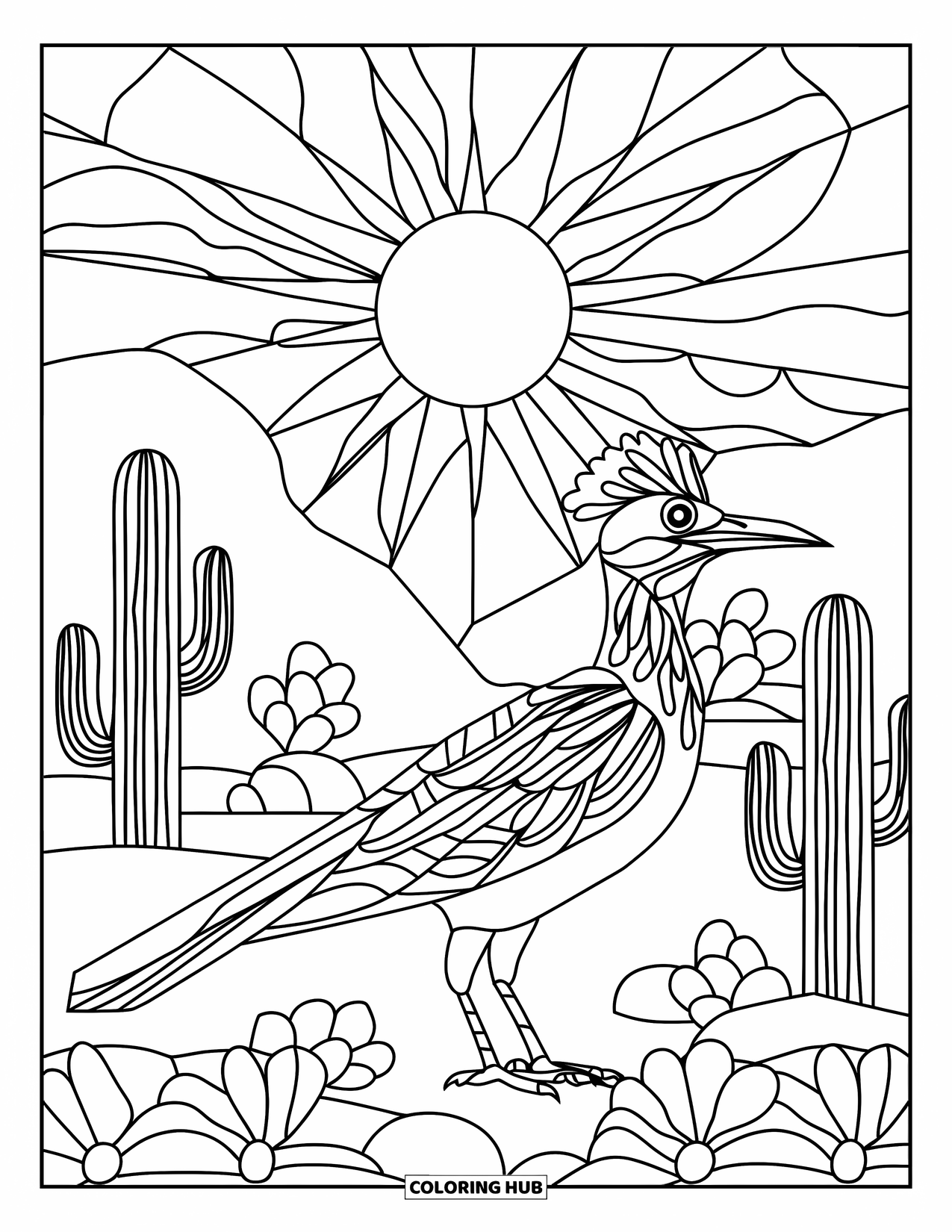 Desert Animals Coloring Page for Adults: Roadrunner runs through bold sun and flower patterns in a cactus-filled desert