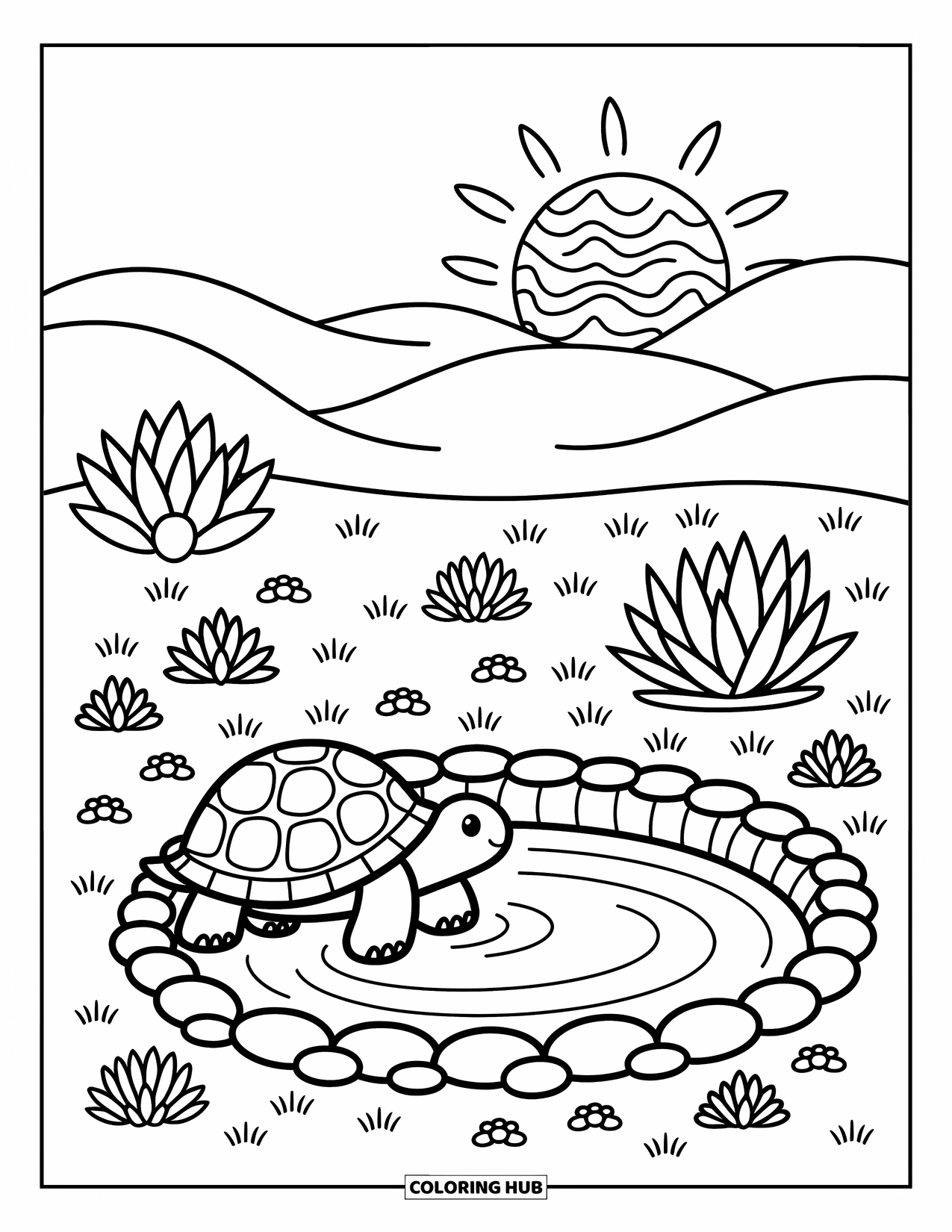 Desert Animals Coloring Page for Adults: Tortoise near water hollow with flowers, agave, and patterned desert sun
