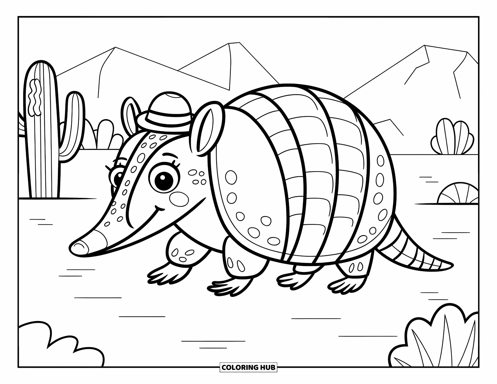 Desert Animals Coloring Page for Kids: Armadillo with a tiny hat walking past cacti and mountains