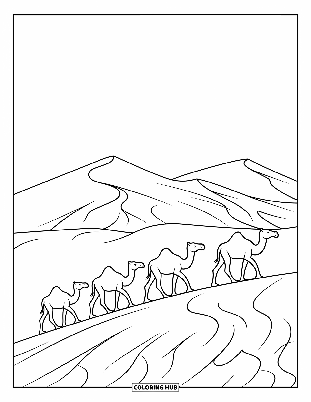 Desert Animals Coloring Page for Kids: Camel caravan in the desert with a clear sky