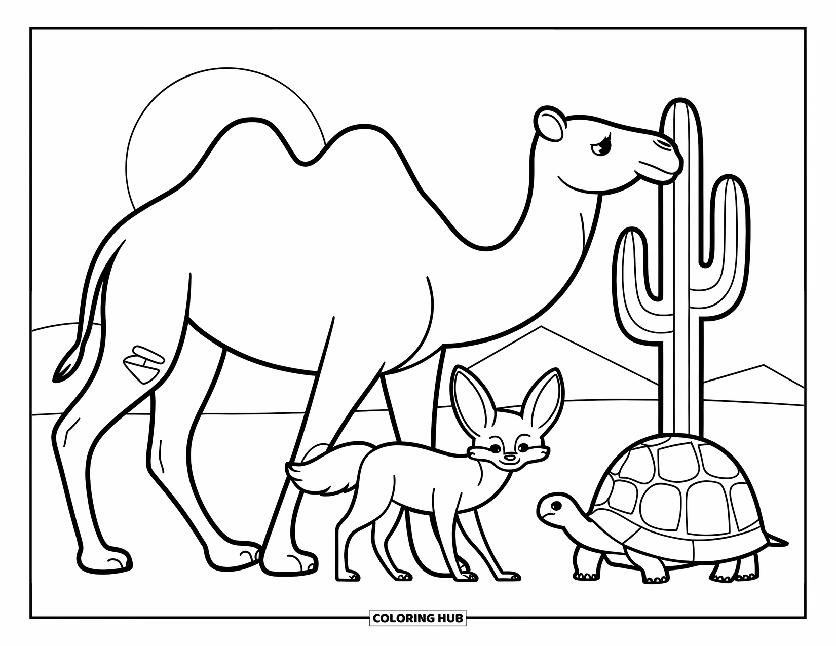 Desert Animals Coloring Page for Kids: Camel, fennec fox, and tortoise walking near a cactus in the desert