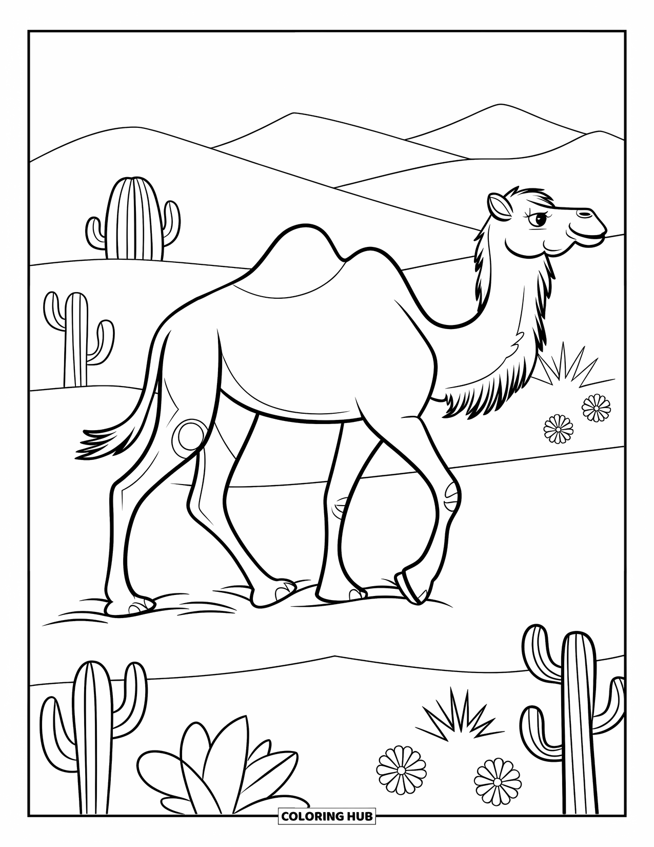 Desert Animals Coloring Page for Kids: Camel in the dunes with flowers and a few cacti