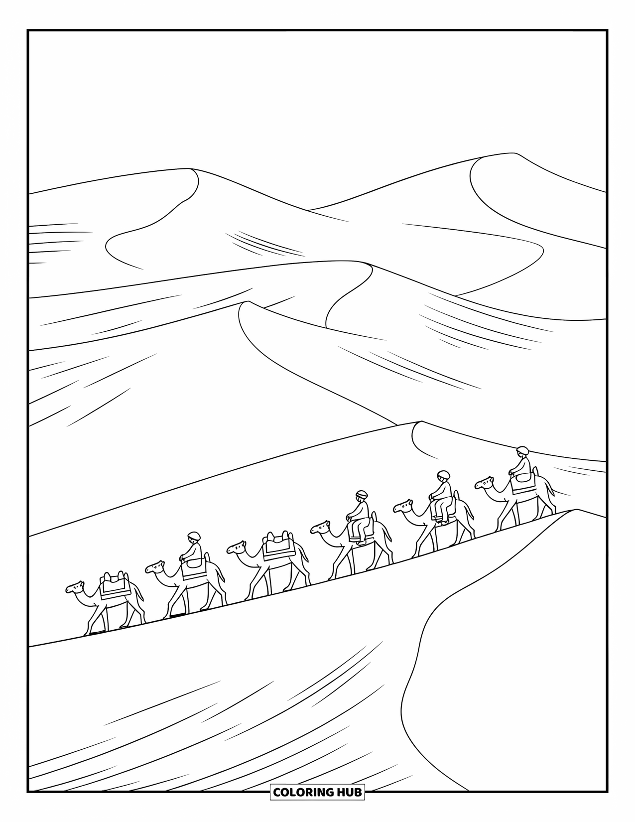 Desert Animals Coloring Page for Kids: Camel riders traveling across rolling desert dunes