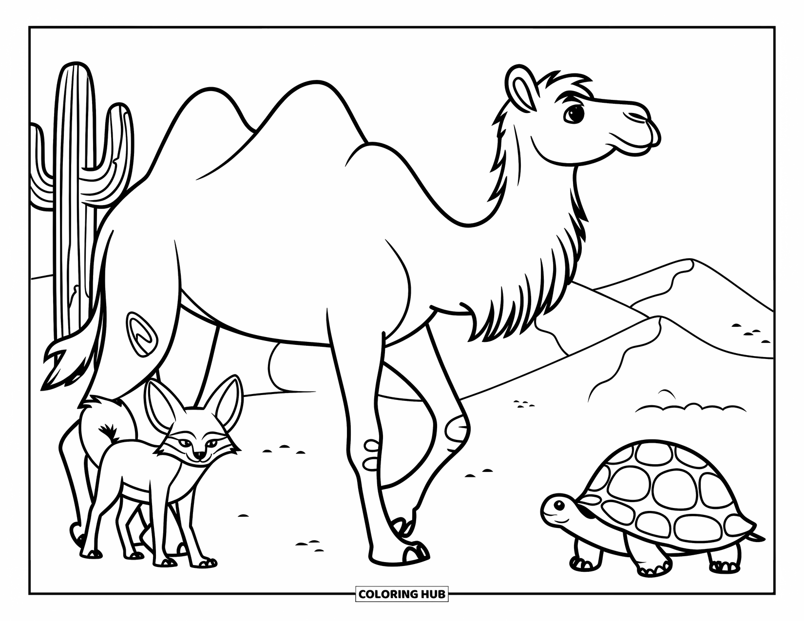 Desert Animals Coloring Page for Kids: Camel walking alongside a fox and tortoise in a sandy desert