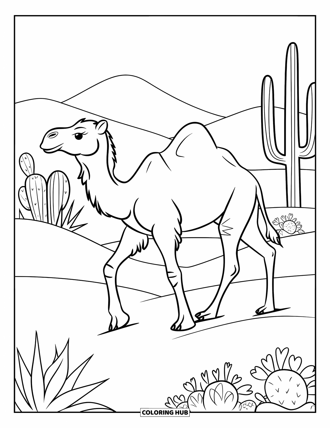 Desert Animals Coloring Page for Kids: Camel walking past cactus and flowers in the desert
