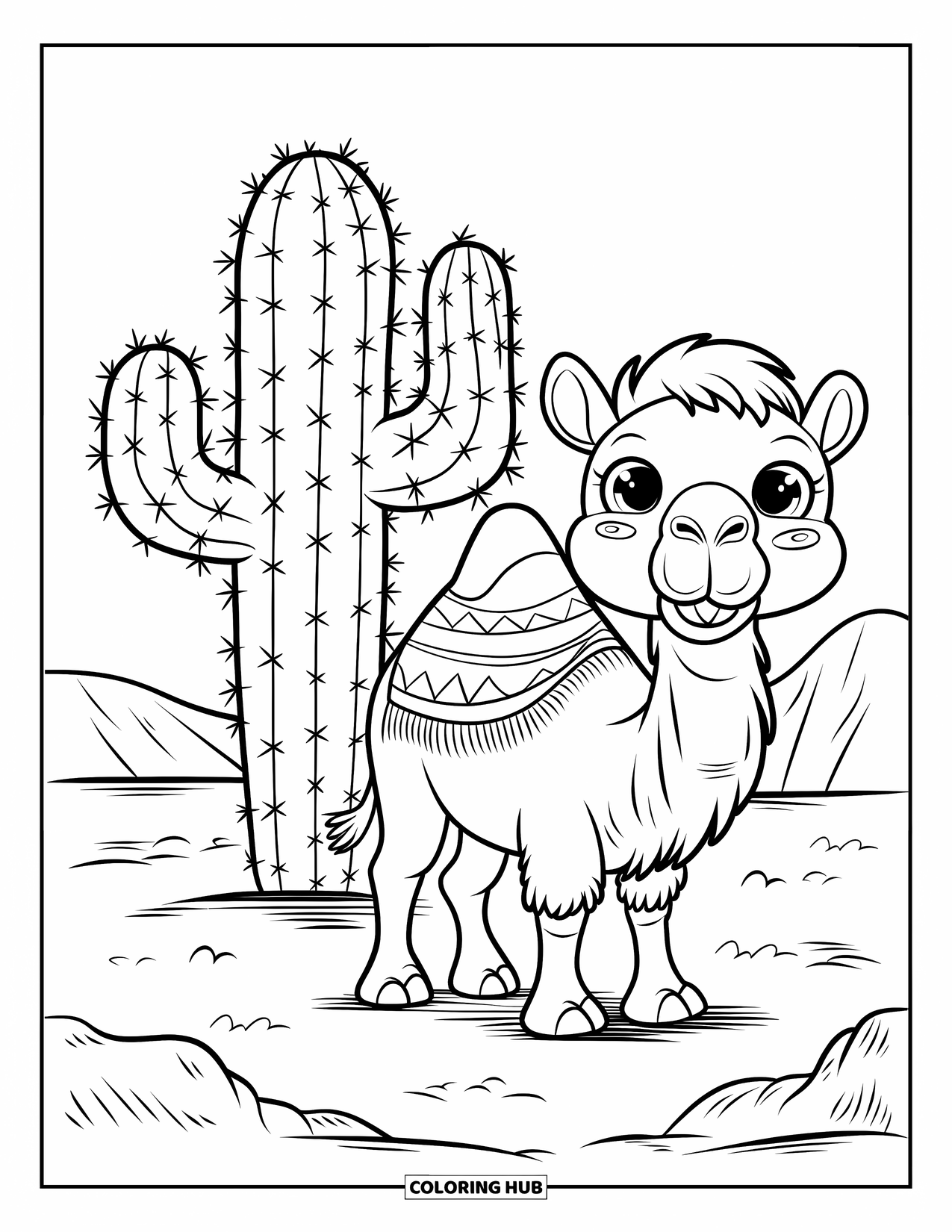 Desert Animals Coloring Page for Kids: Camel wearing a blanket beside a spiny cactus