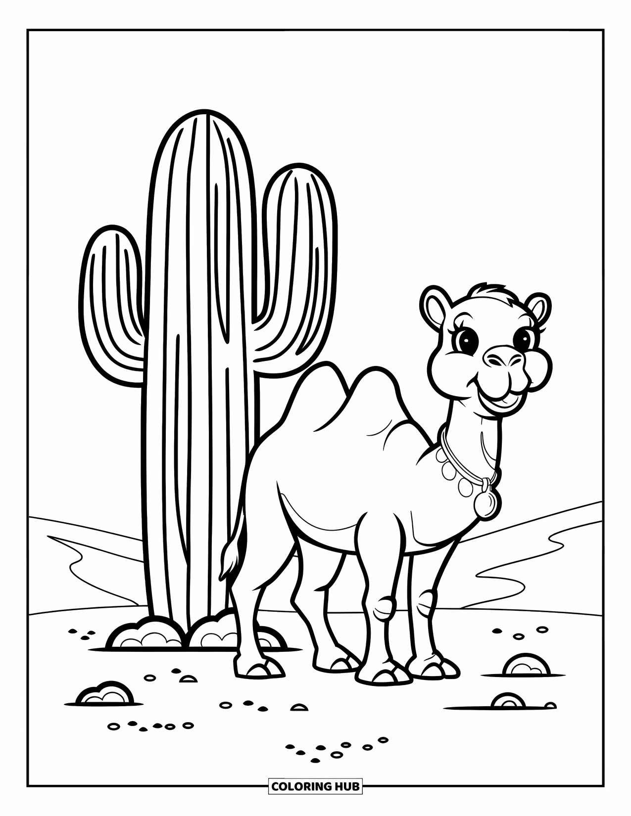 Desert Animals Coloring Page for Kids: Camel with a necklace beside a cactus and rocks