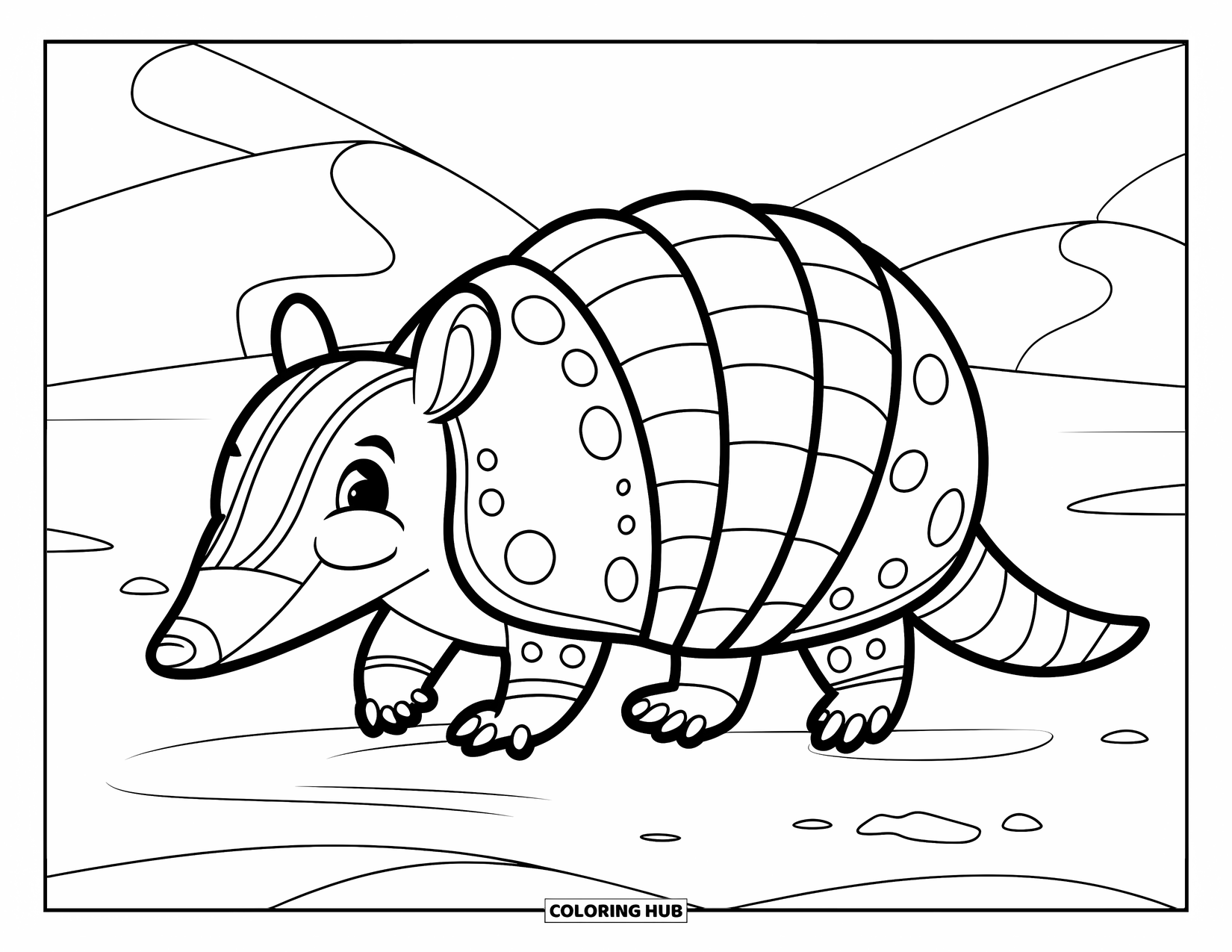 Desert Animals Coloring Page for Kids: Chunky armadillo walking slowly across sandy desert ground
