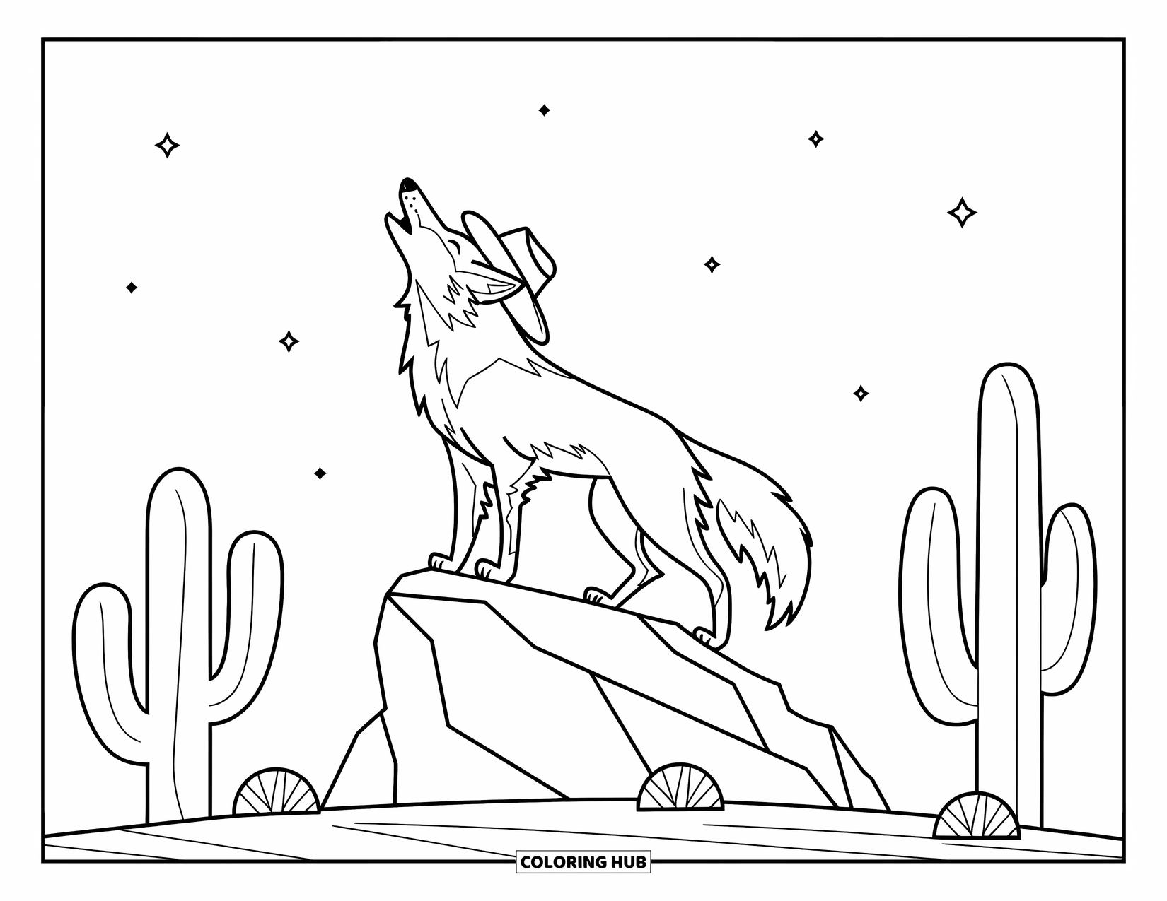 Desert Animals Coloring Page for Kids: Cowboy-hat coyote howling on a rock among cacti