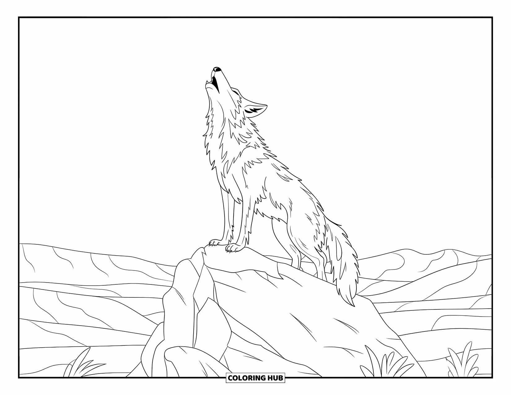Desert Animals Coloring Page for Kids: Coyote howling on a rock in a sandy desert