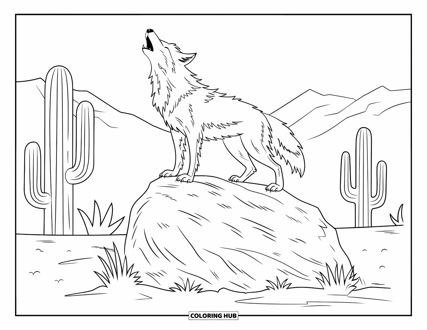 Desert Animals Coloring Page for Kids: Coyote howling on a rock with cacti and distant mountains