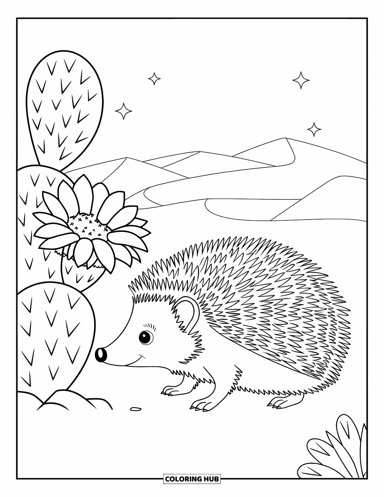 Desert Animals Coloring Page for Kids: Desert hedgehog sniffing a cactus flower under the stars