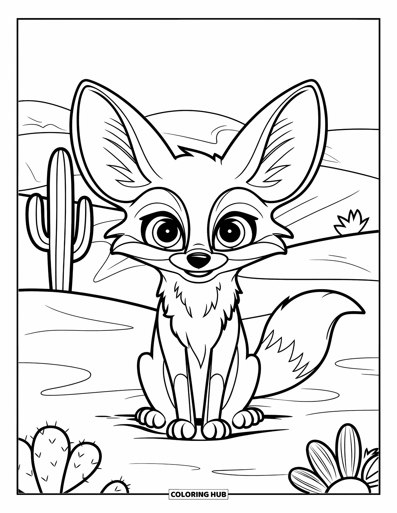Desert Animals Coloring Page for Kids: Fennec fox sitting in sand beside a single cactus