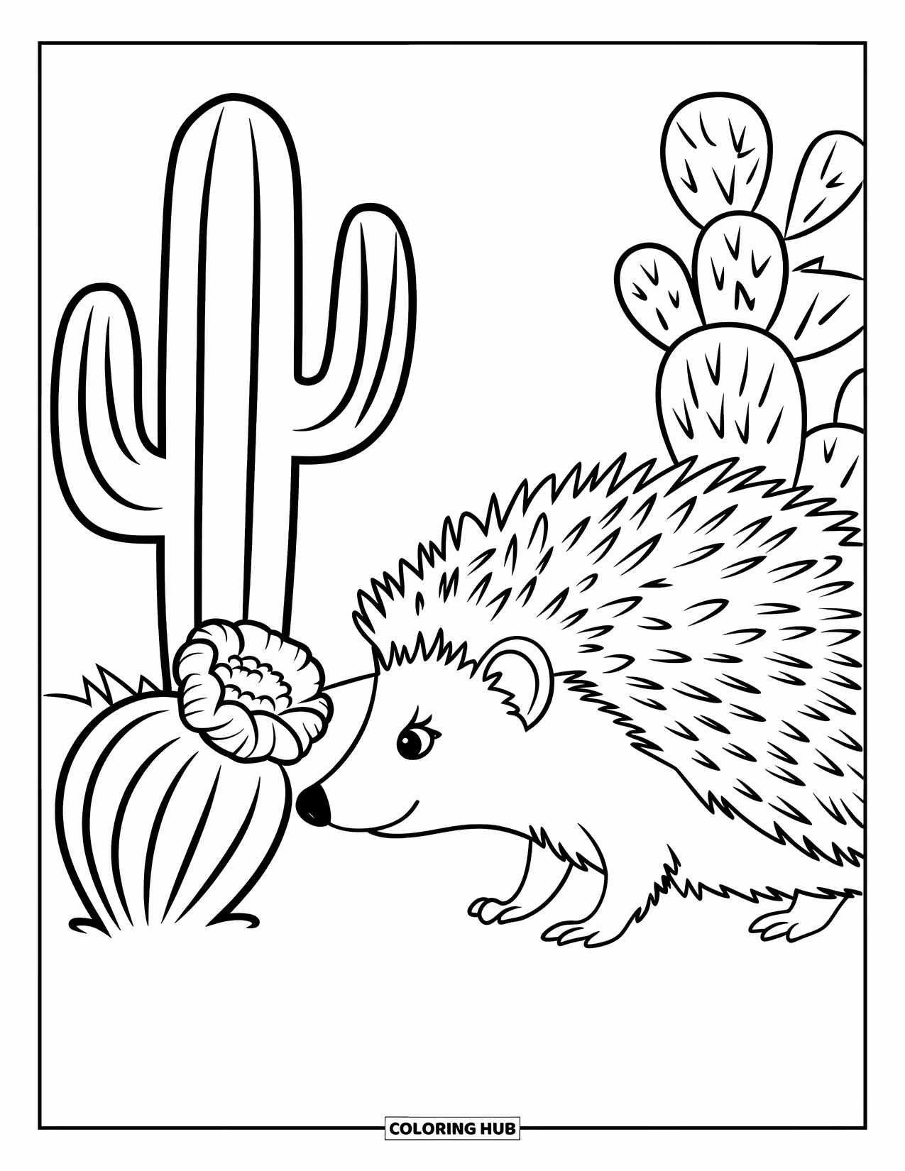 Desert Animals Coloring Page for Kids: Hedgehog with raised quills smelling a cactus flower