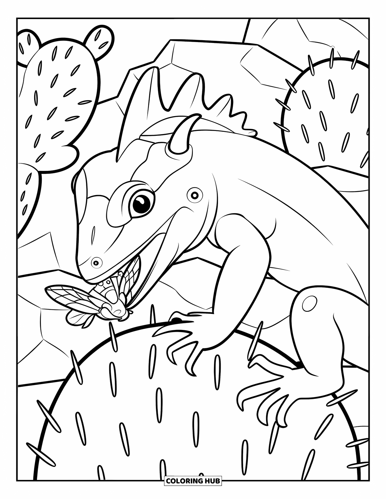 Desert Animals Coloring Page for Kids: Horned lizard on a cactus catching a large bug