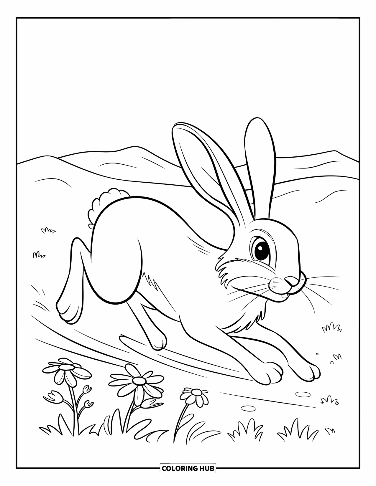 Desert Animals Coloring Page for Kids: Jackrabbit sprinting past small desert flowers under a clear sky