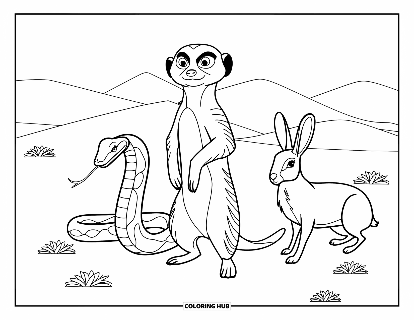Desert Animals Coloring Page for Kids: Meerkat beside a snake and hare with sand dunes behind them