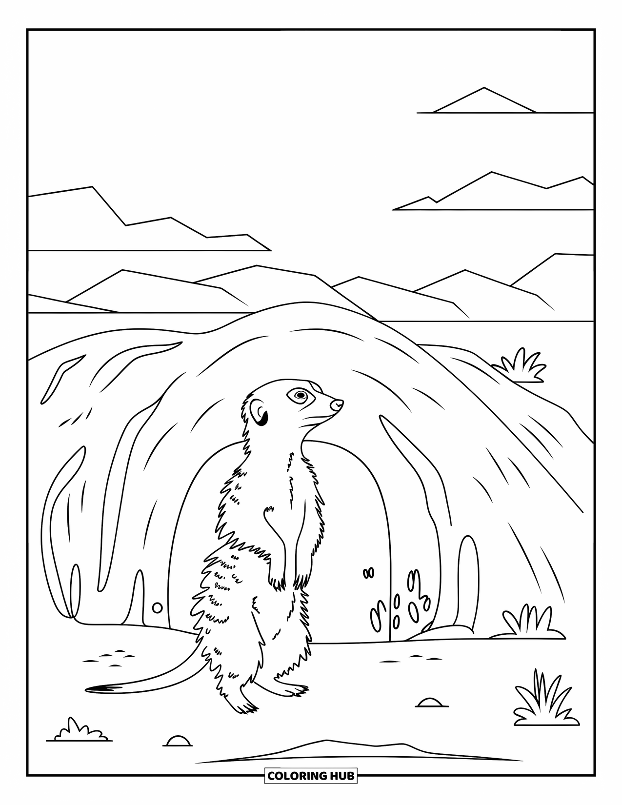 Desert Animals Coloring Page for Kids: Meerkat looking up while standing near a burrow with small plants