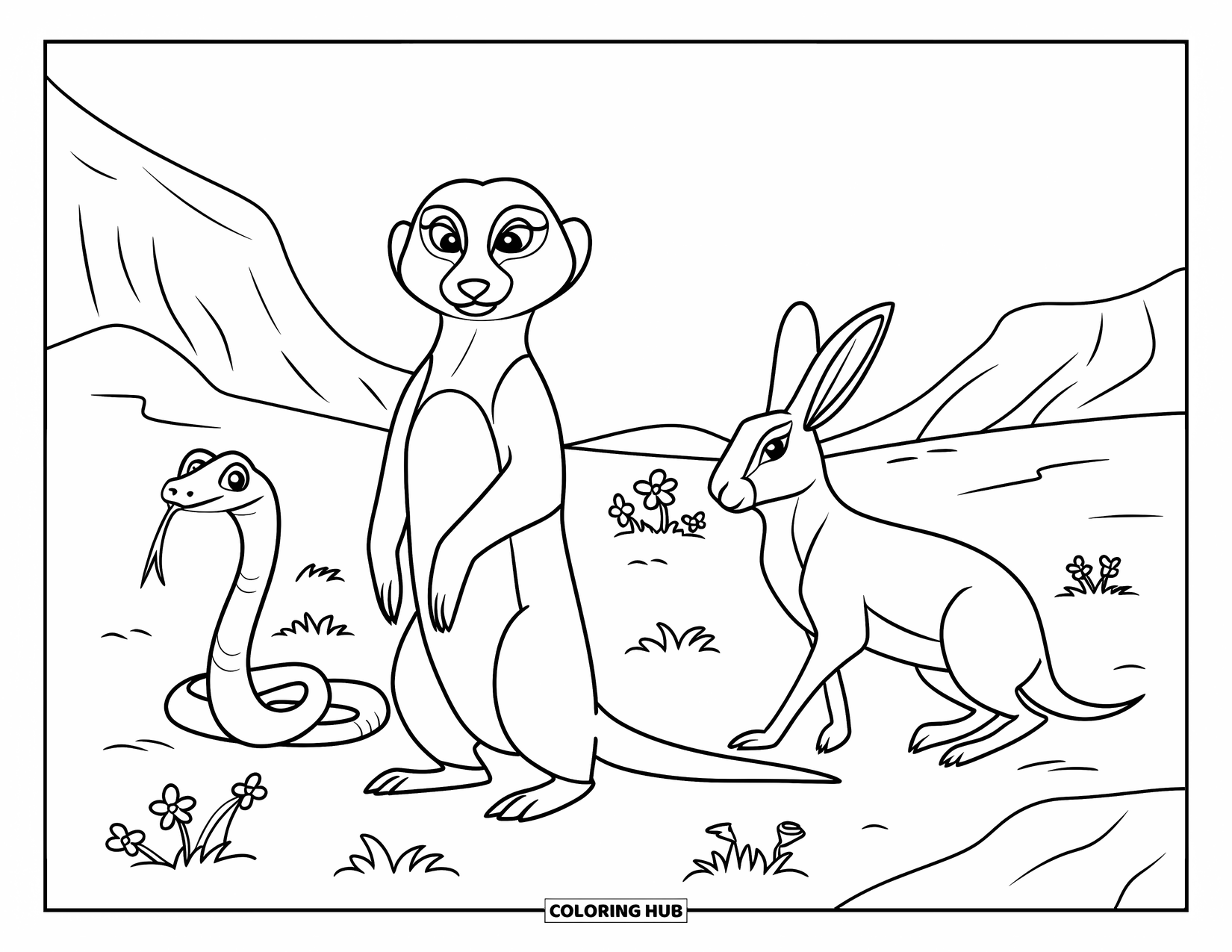 Desert Animals Coloring Page for Kids: Meerkat with a snake and hare in a rocky desert setting