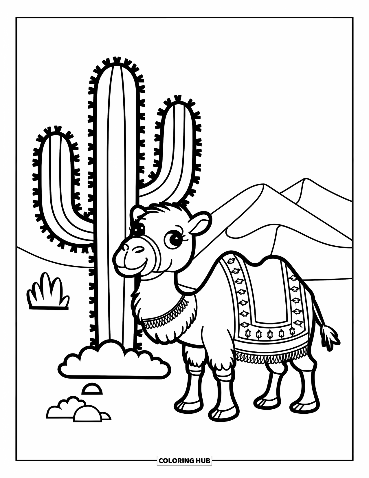 Desert Animals Coloring Page for Kids: Playful camel with a patterned blanket beside a cactus