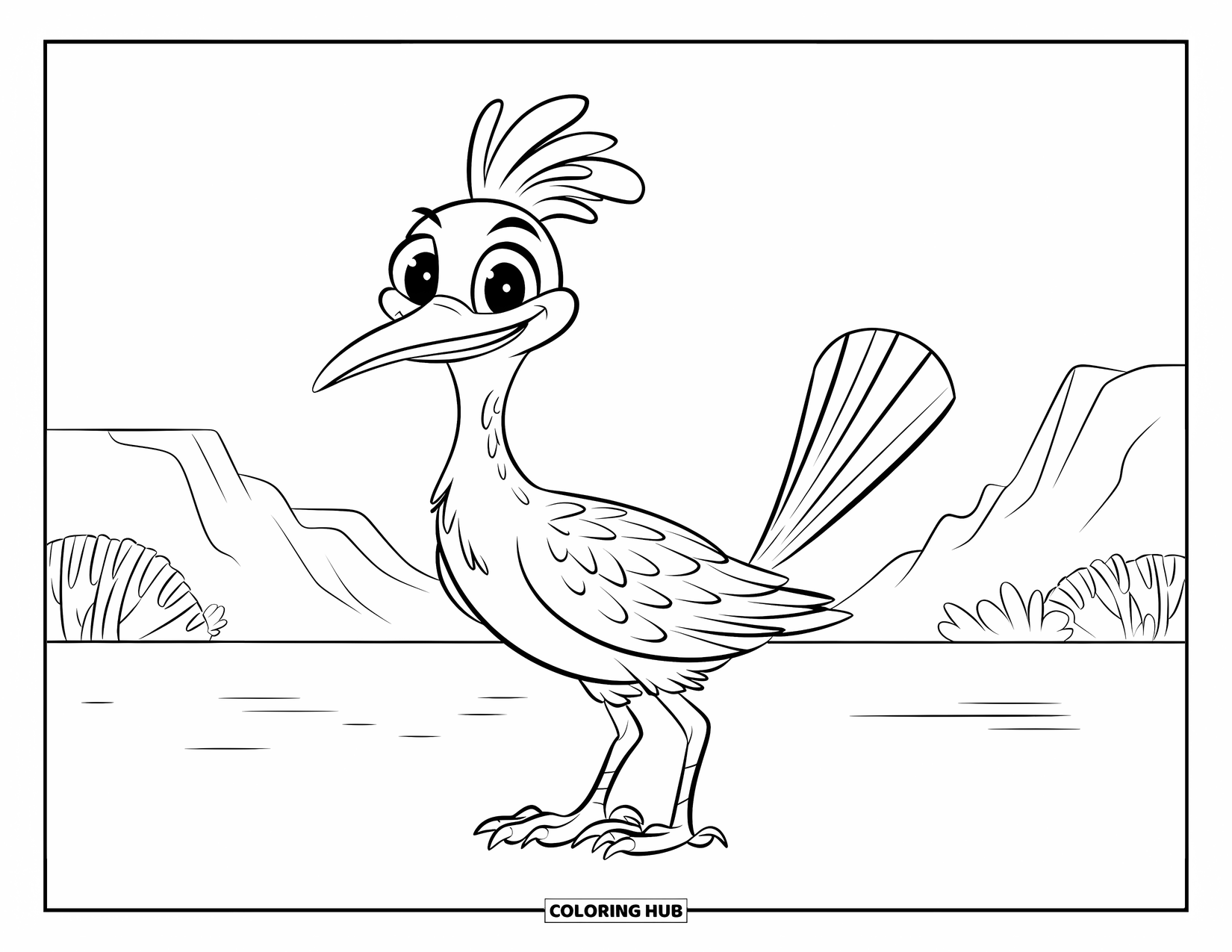 Desert Animals Coloring Page for Kids: Roadrunner with big eyes standing near mountains and shrubs