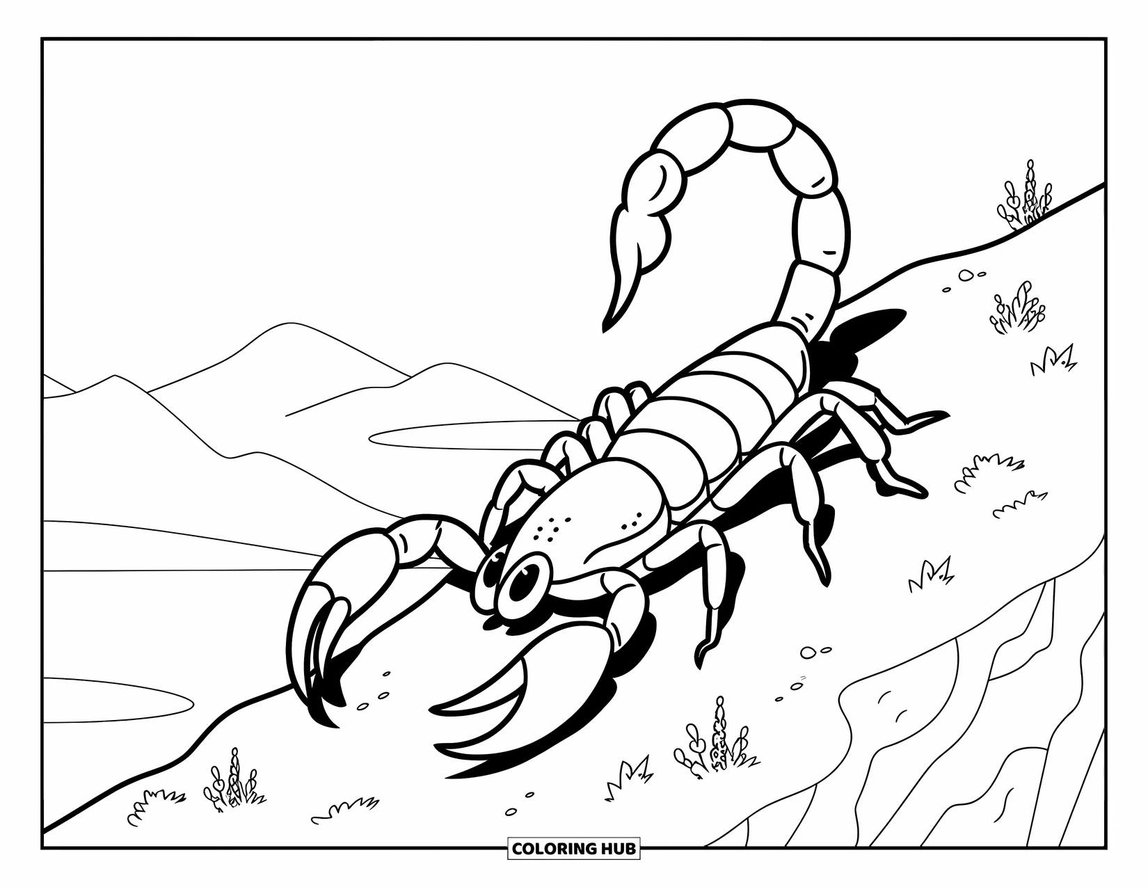 Desert Animals Coloring Page for Kids: Scorpion crawling on a rocky slope with small plants