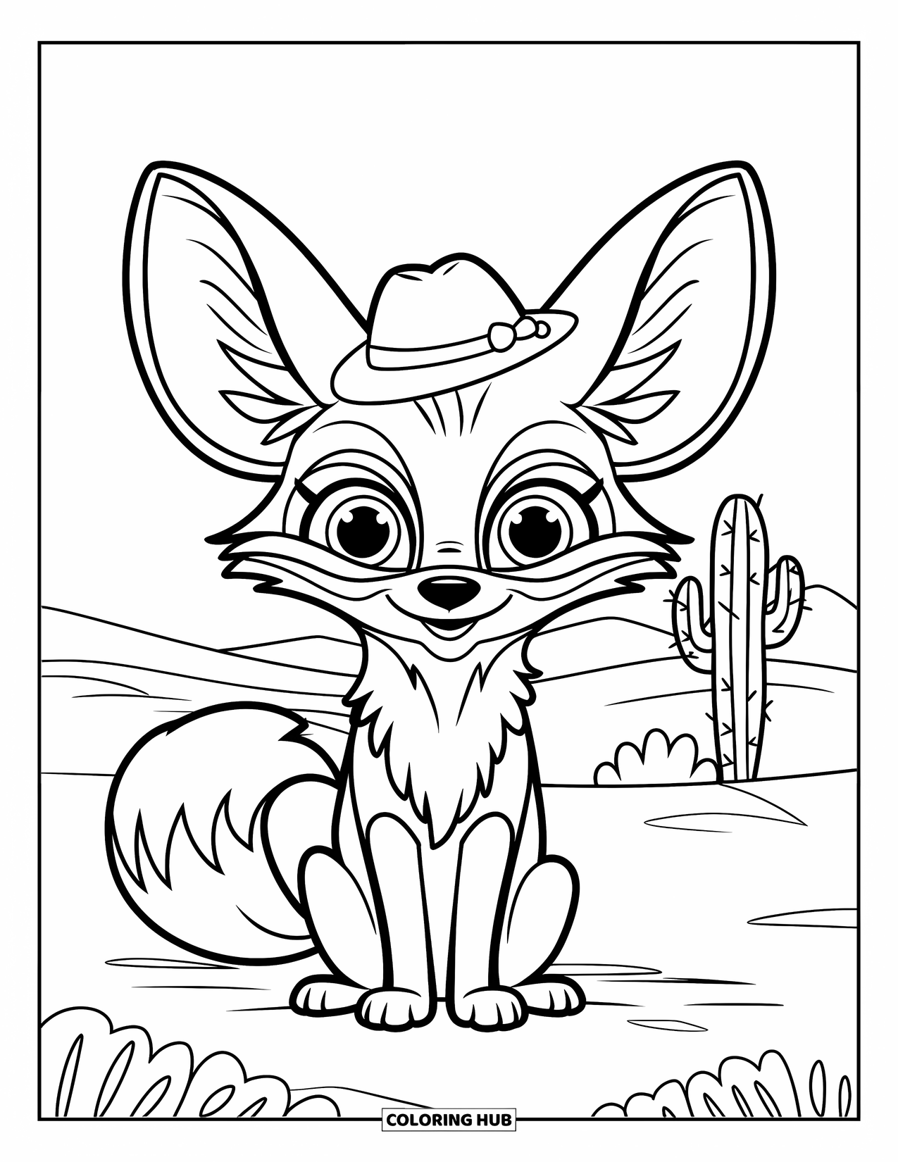 Desert Animals Coloring Page for Kids: Small-hat fennec fox sitting with dunes behind it