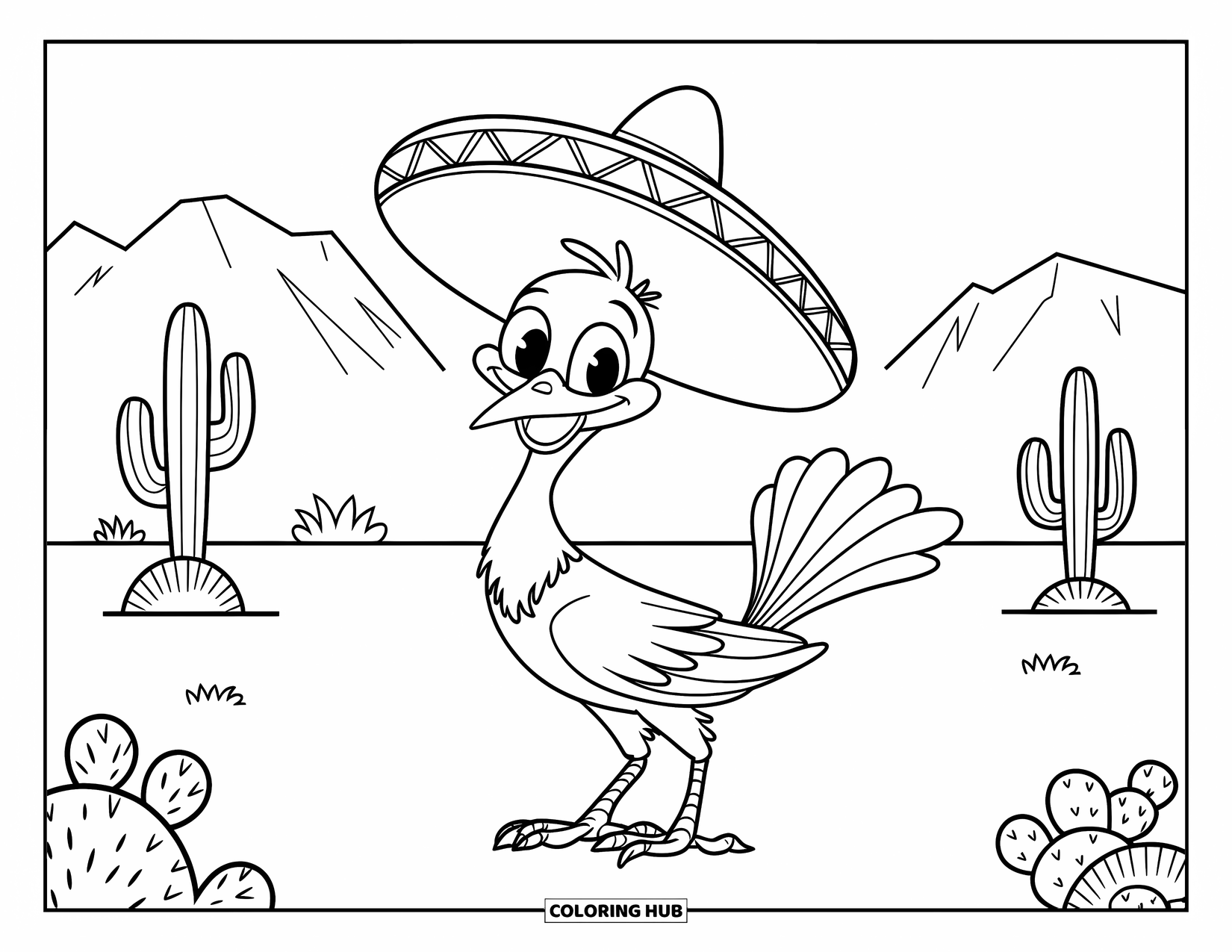 Desert Animals Coloring Page for Kids: Sombrero-wearing roadrunner standing in the desert