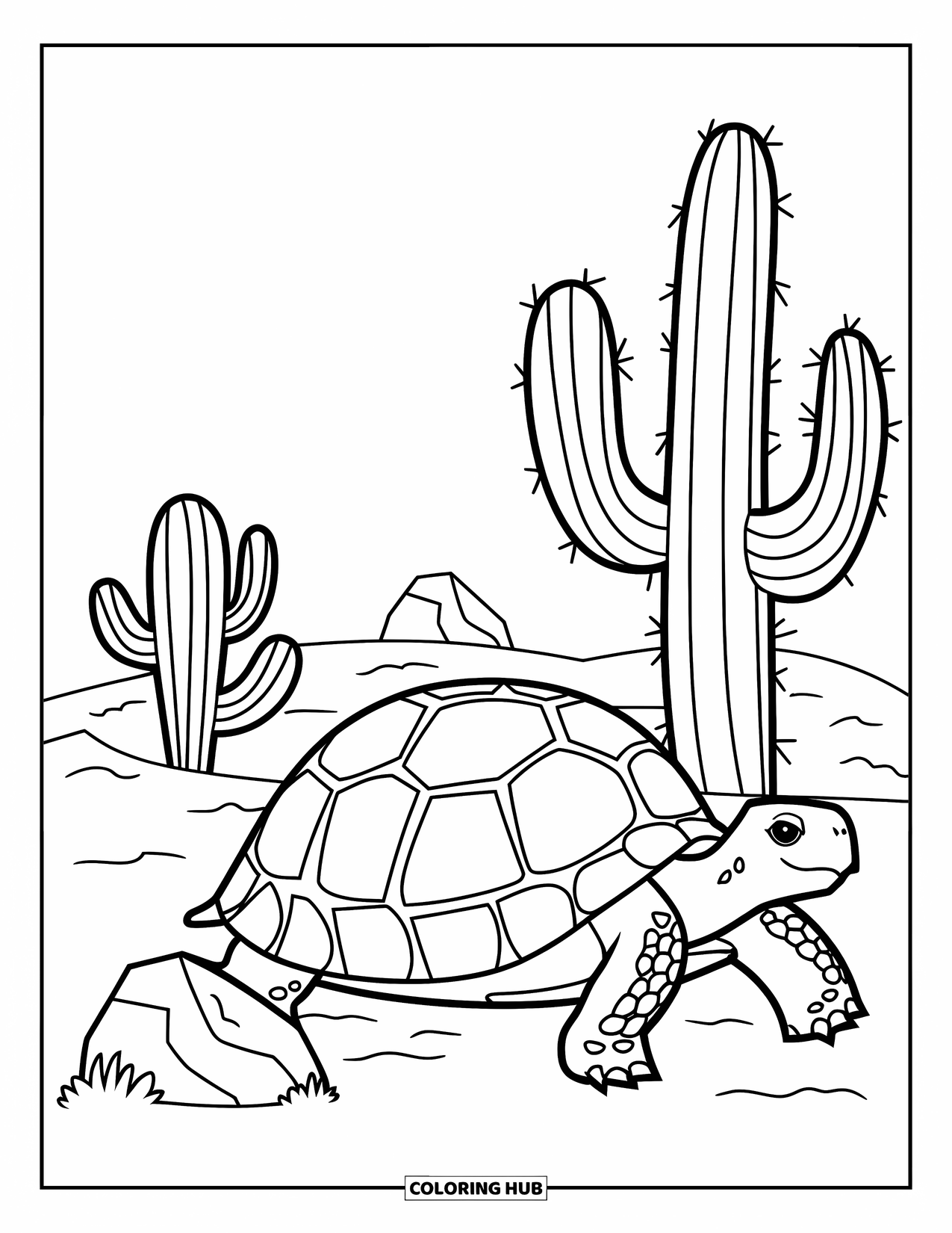 Desert Animals Coloring Page for Kids: Tortoise walking on sandy terrain with cactus and rocks