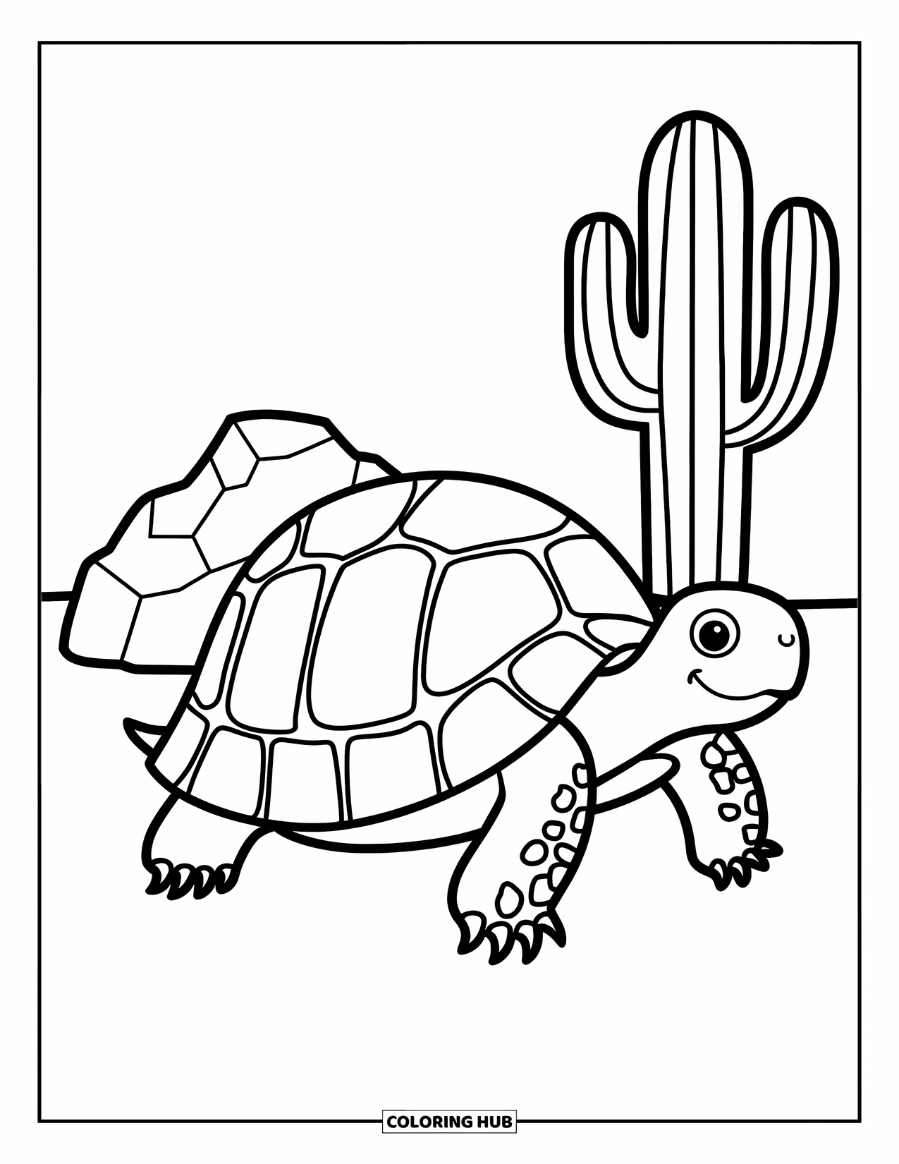 Desert Animals Coloring Page for Kids: Tortoise with rounded shell near a cactus on sandy ground