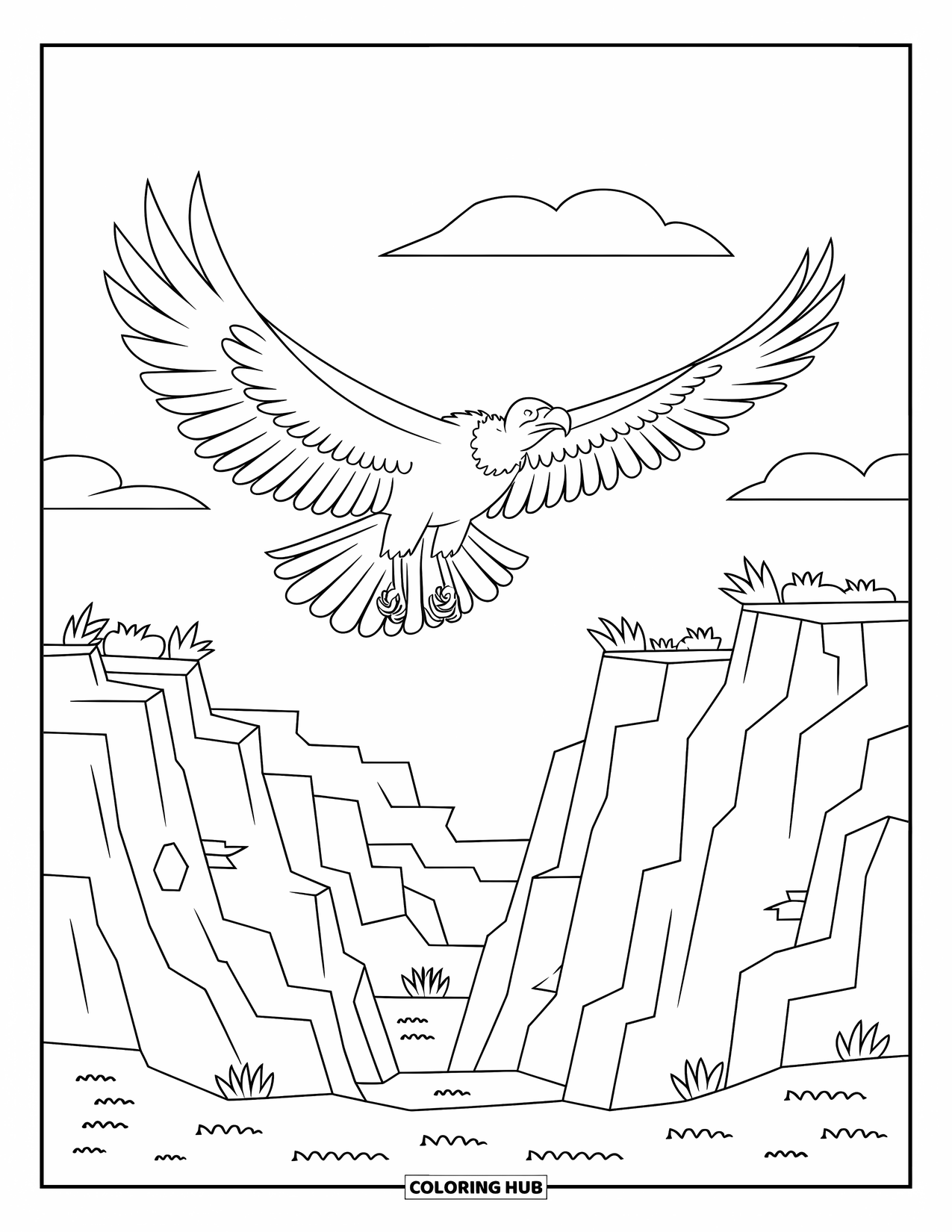 Desert Animals Coloring Page for Kids: Vulture flying above rocky cliffs with small plants