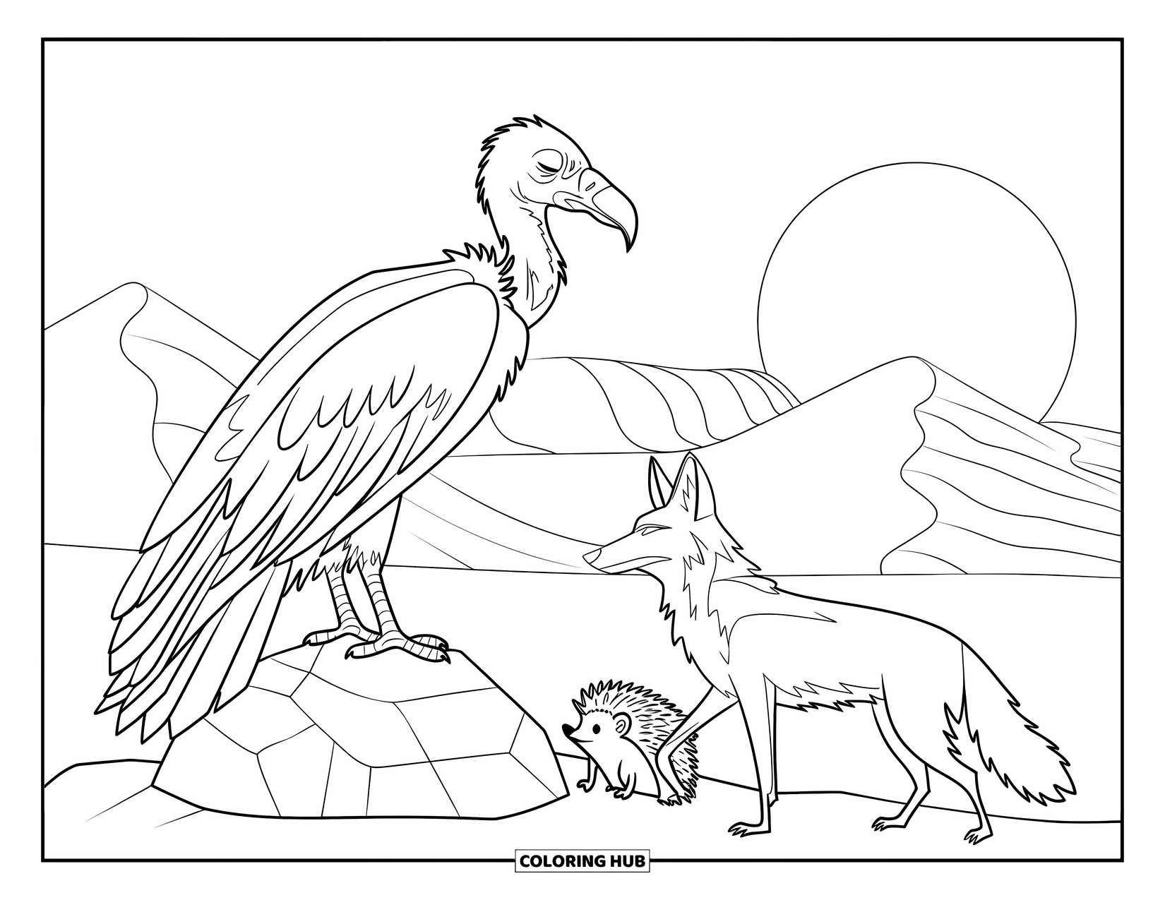 Desert Animals Coloring Page for Kids: Vulture resting on a rock beside a coyote and a hedgehog at sunset