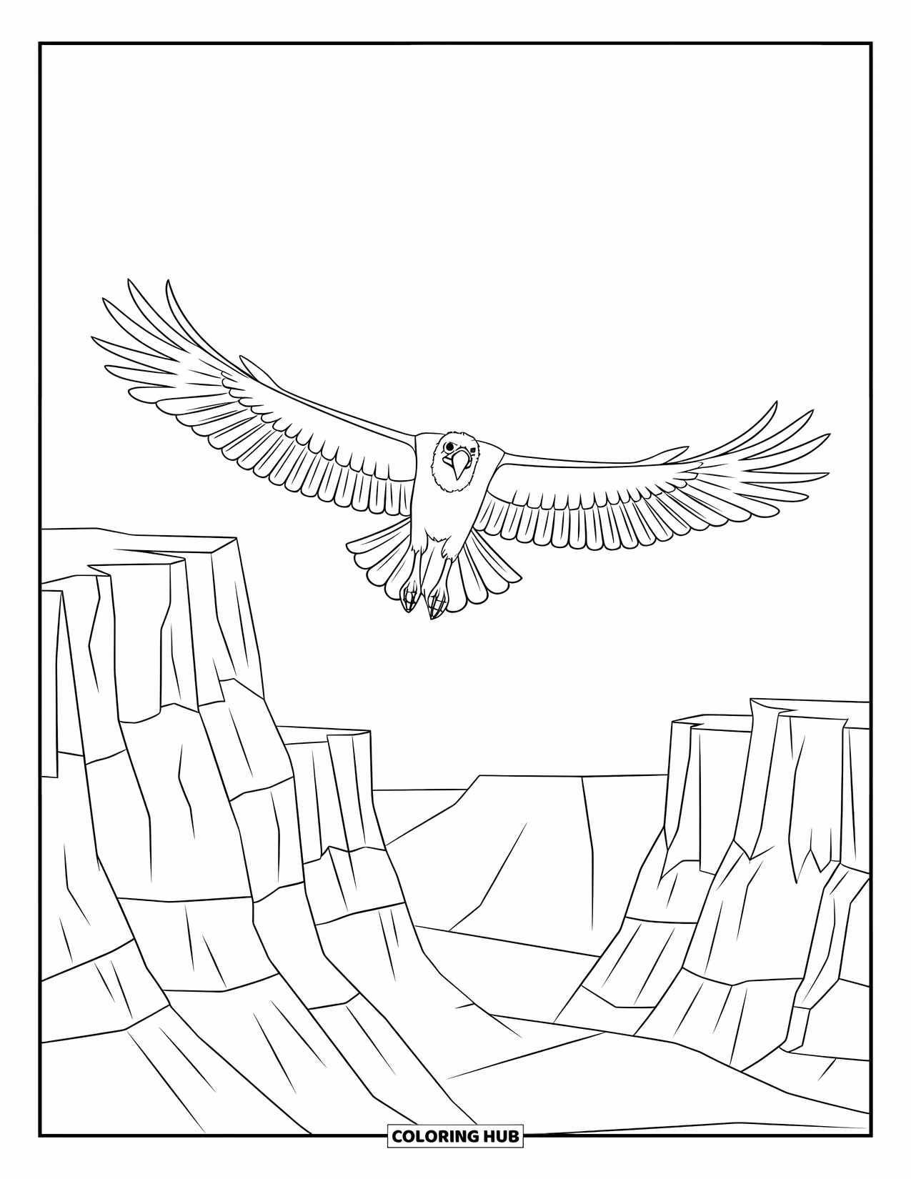 Desert Animals Coloring Page for Kids: Vulture soaring over jagged desert cliffs